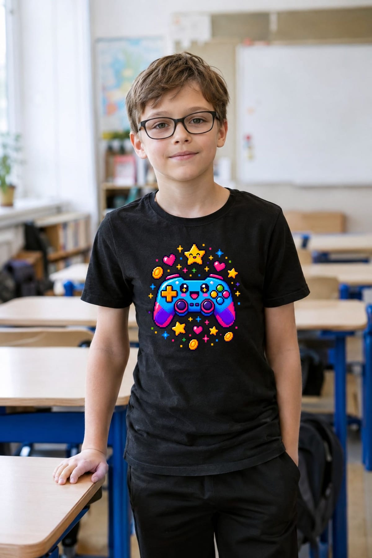 Koszulka z gamepadem dla chłopca czarna pixel art prezent, zdjęcie 6