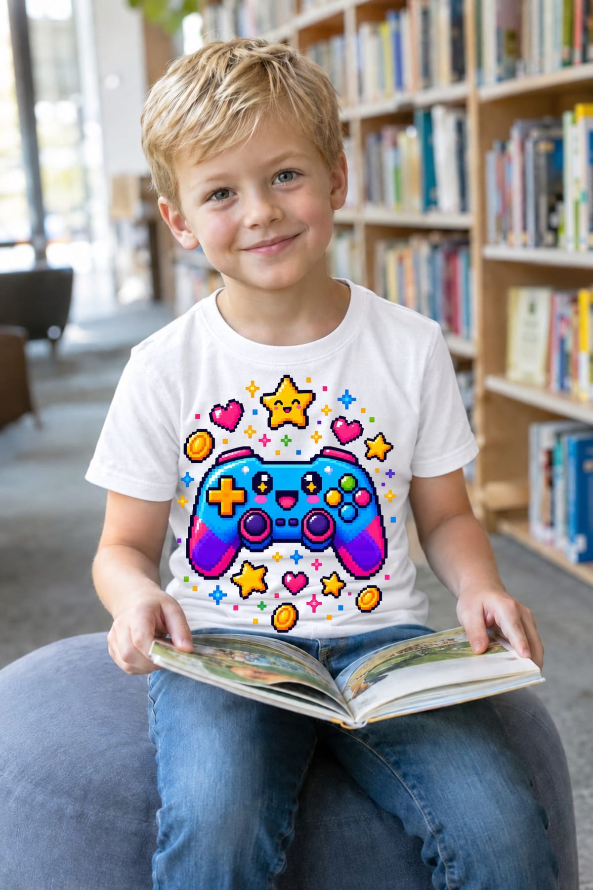 Koszulka z gamepadem dla chłopca biała pixel art dla dzieci, zdjęcie 4