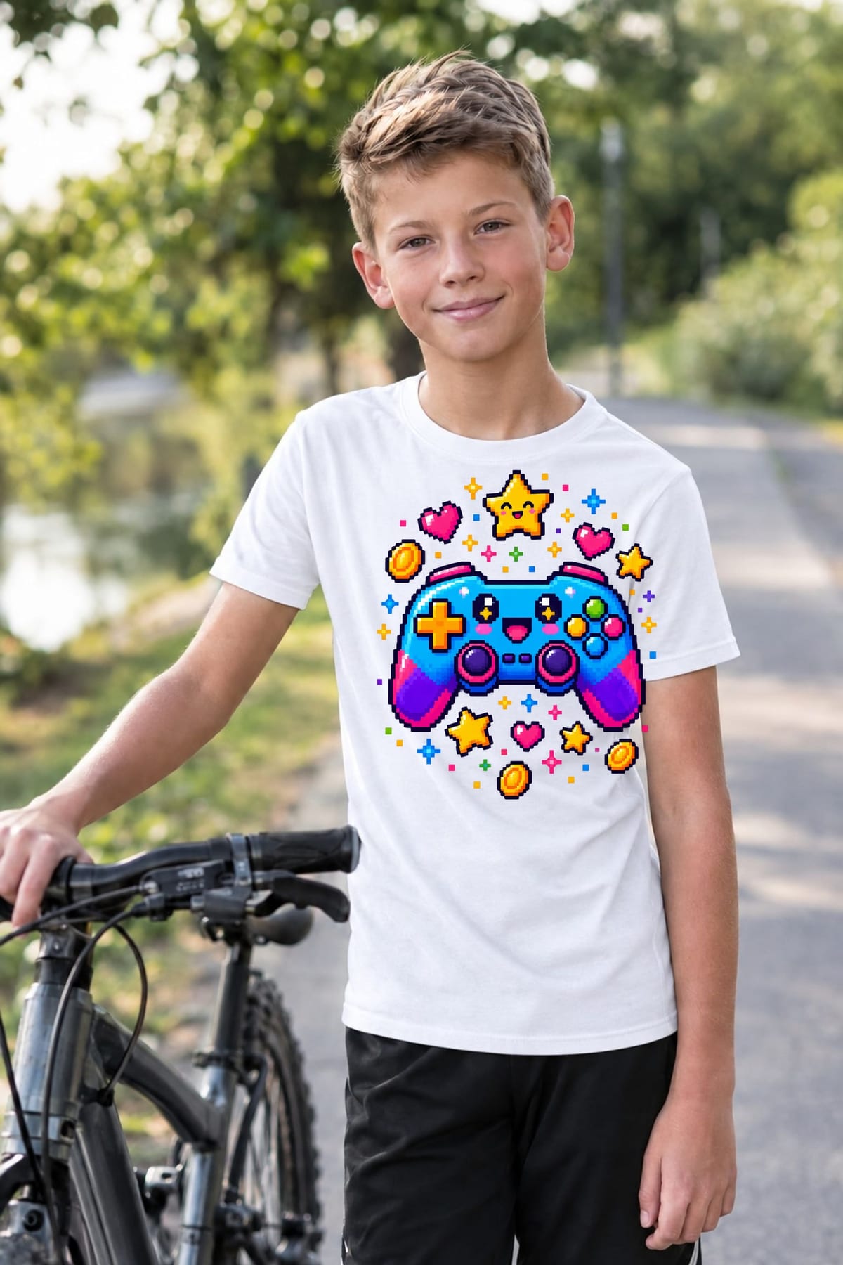 Koszulka z gamepadem dla chłopca biała pixel art dla dzieci, zdjęcie 7