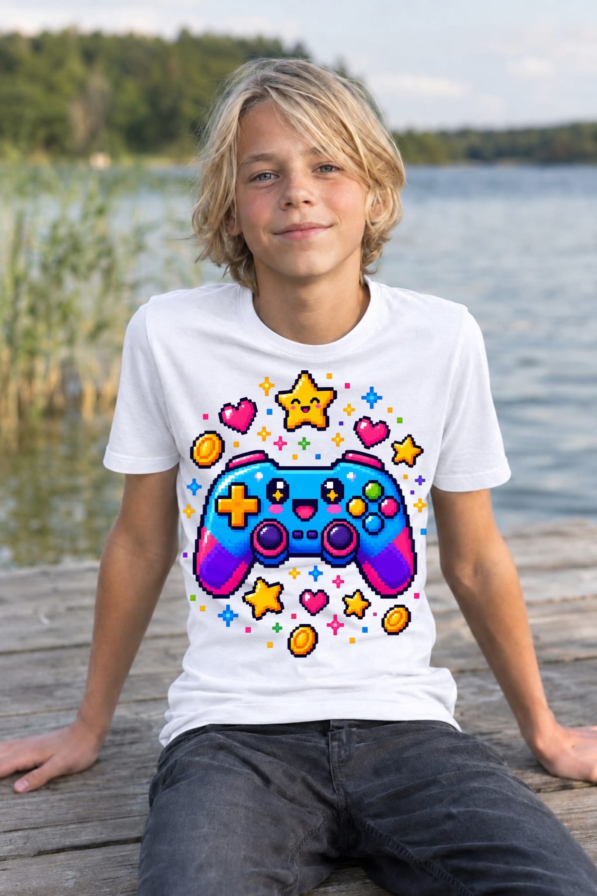 Koszulka z gamepadem dla chłopca biała pixel art dla dzieci, zdjęcie 8