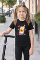 Koszulka ze smartfonem dla dziewczynki czarna z kolorowych kropek, zdjęcie 8