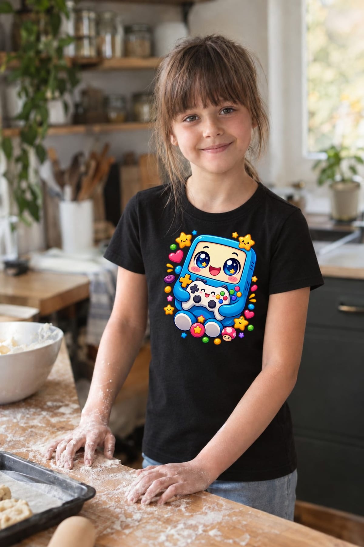 Koszulka z konsolą dla dziewczynki czarna słodki kawaii styl, zdjęcie 5