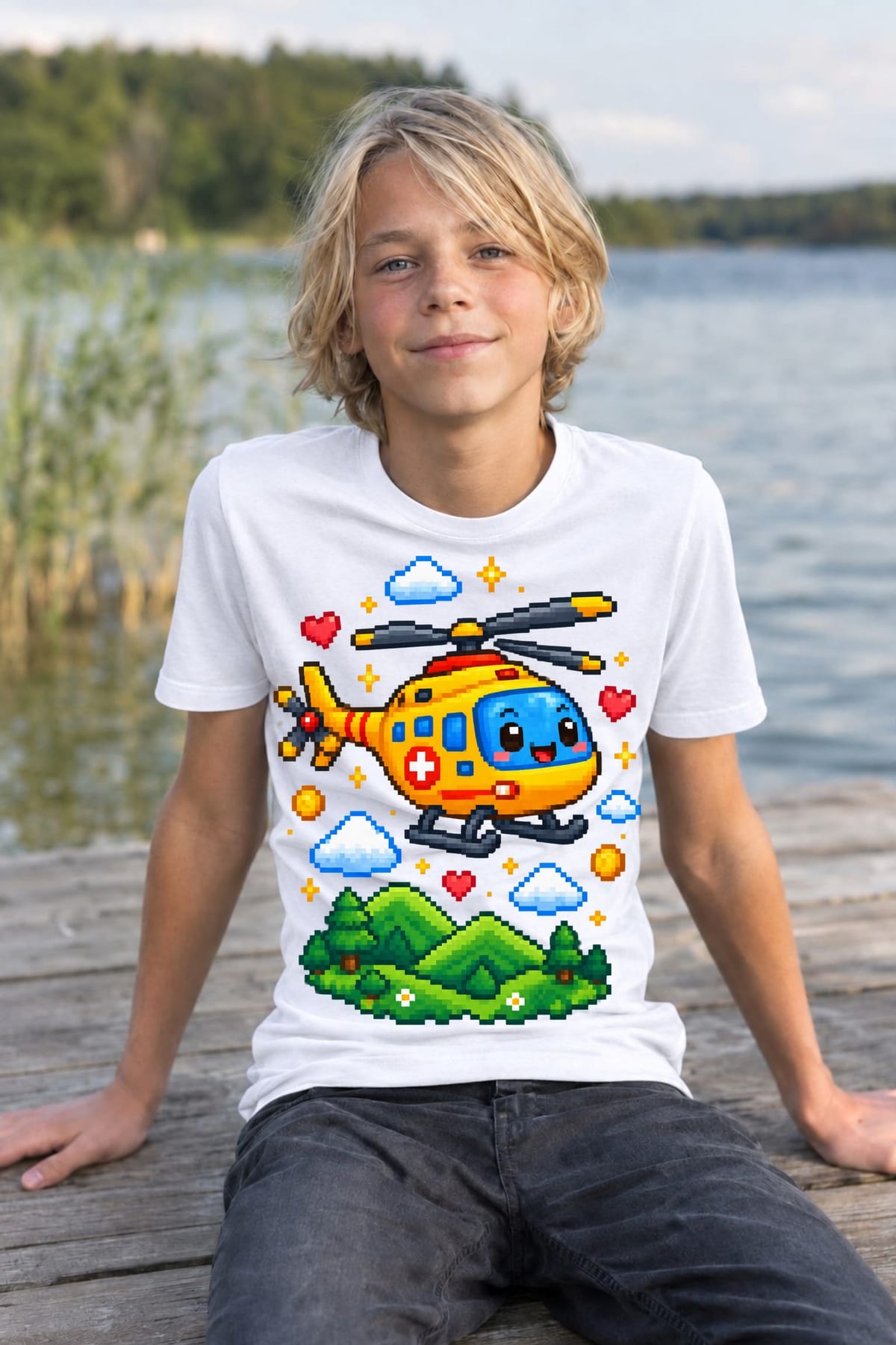 Koszulka dziecięca z helikopterem ratunkowym dla chłopca biała pixel art, zdjęcie 3