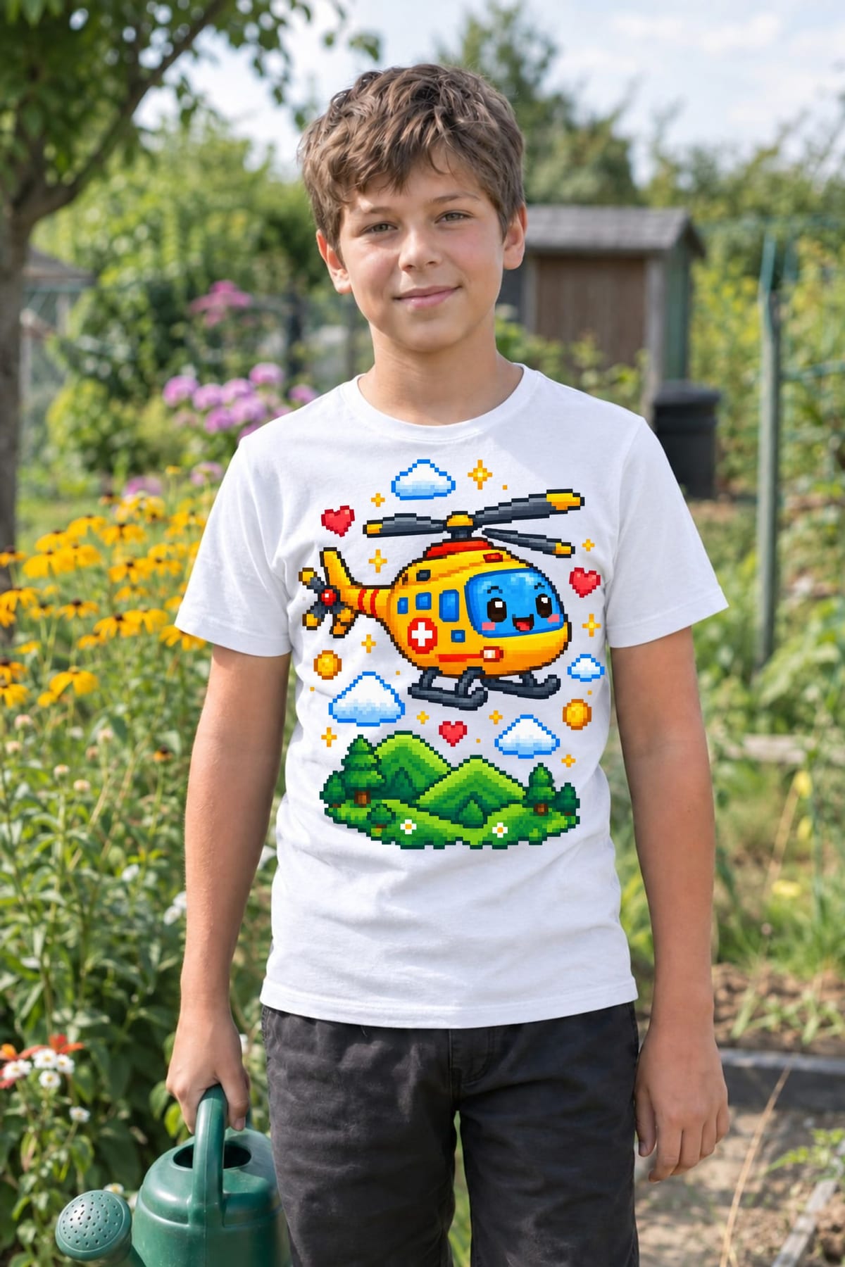 Koszulka dziecięca z helikopterem ratunkowym dla chłopca biała pixel art, zdjęcie 8
