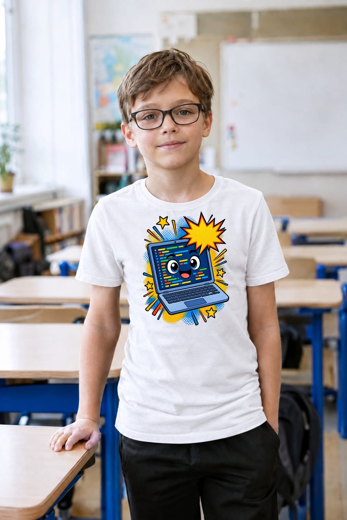 Koszulka z kodem na ekranie dla chłopca biała komiksowy raster, zdjęcie 5