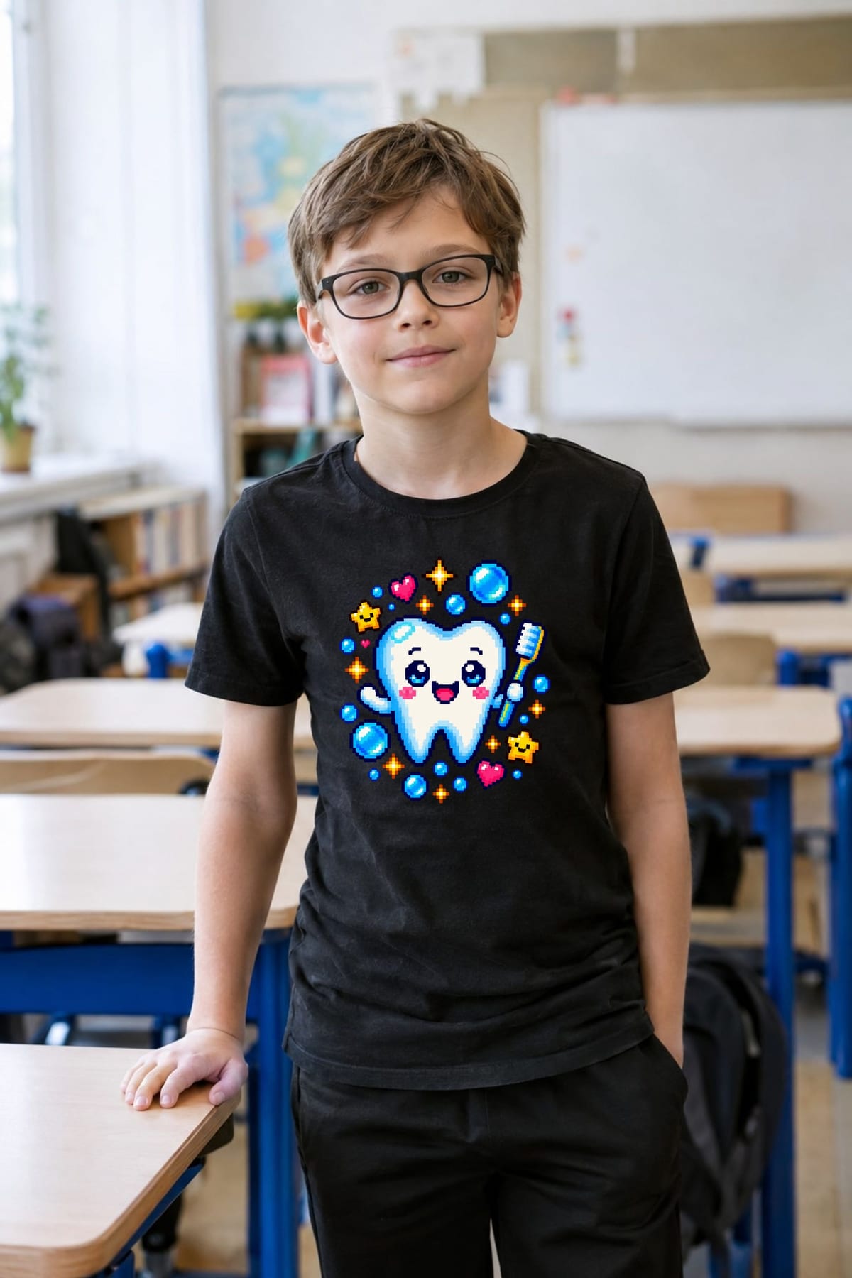 Koszulka z dentystą pixel art dla chłopca czarna styl gier, zdjęcie 6