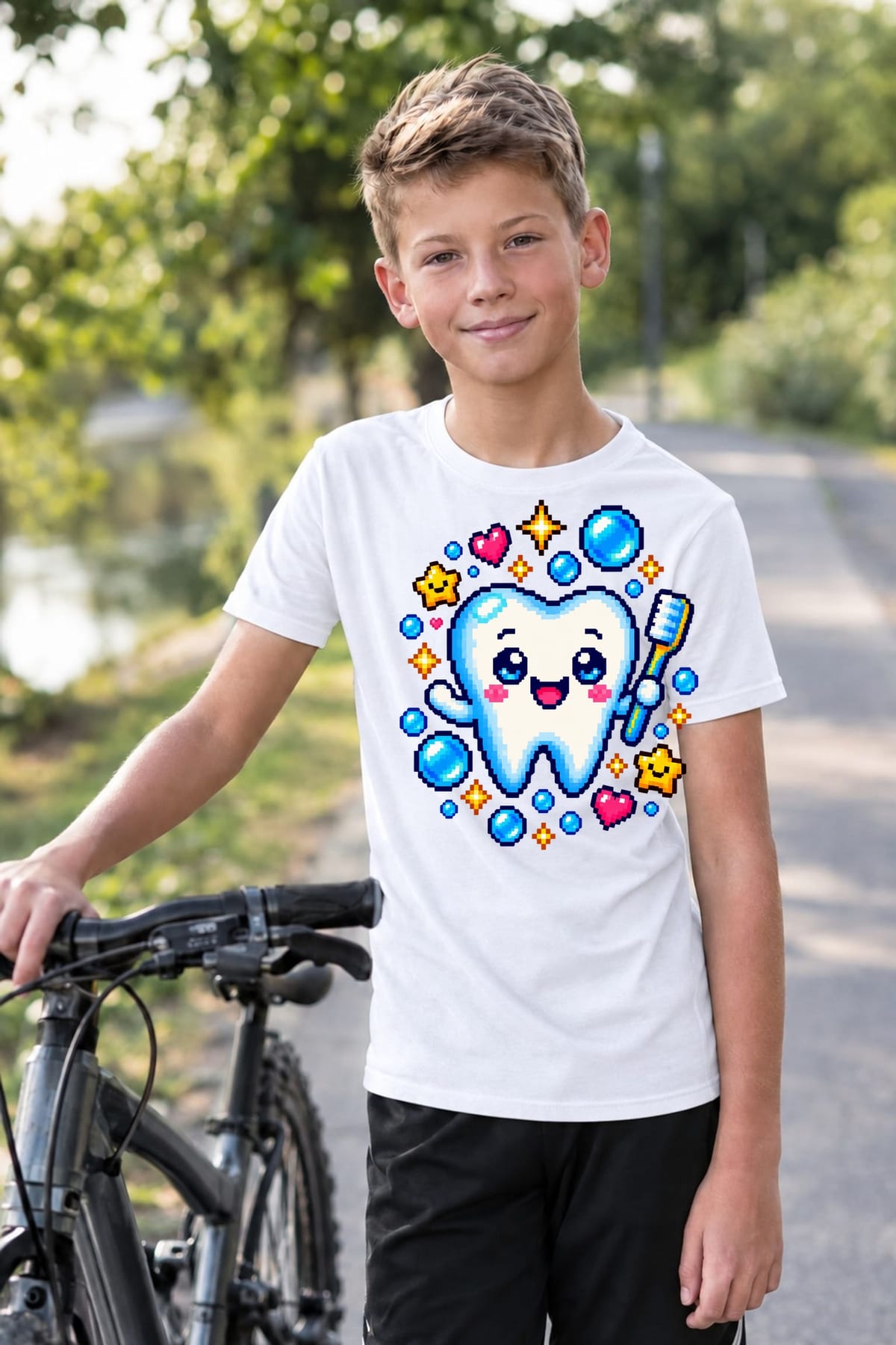 Koszulka z dentystą pixel art dla chłopca biała styl gier, zdjęcie 4