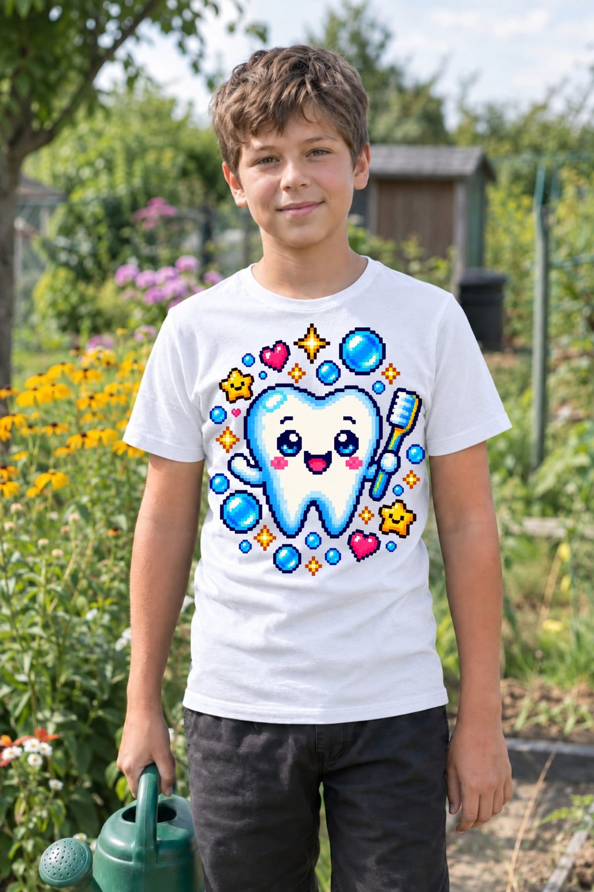 Koszulka z dentystą pixel art dla chłopca biała styl gier, zdjęcie 5