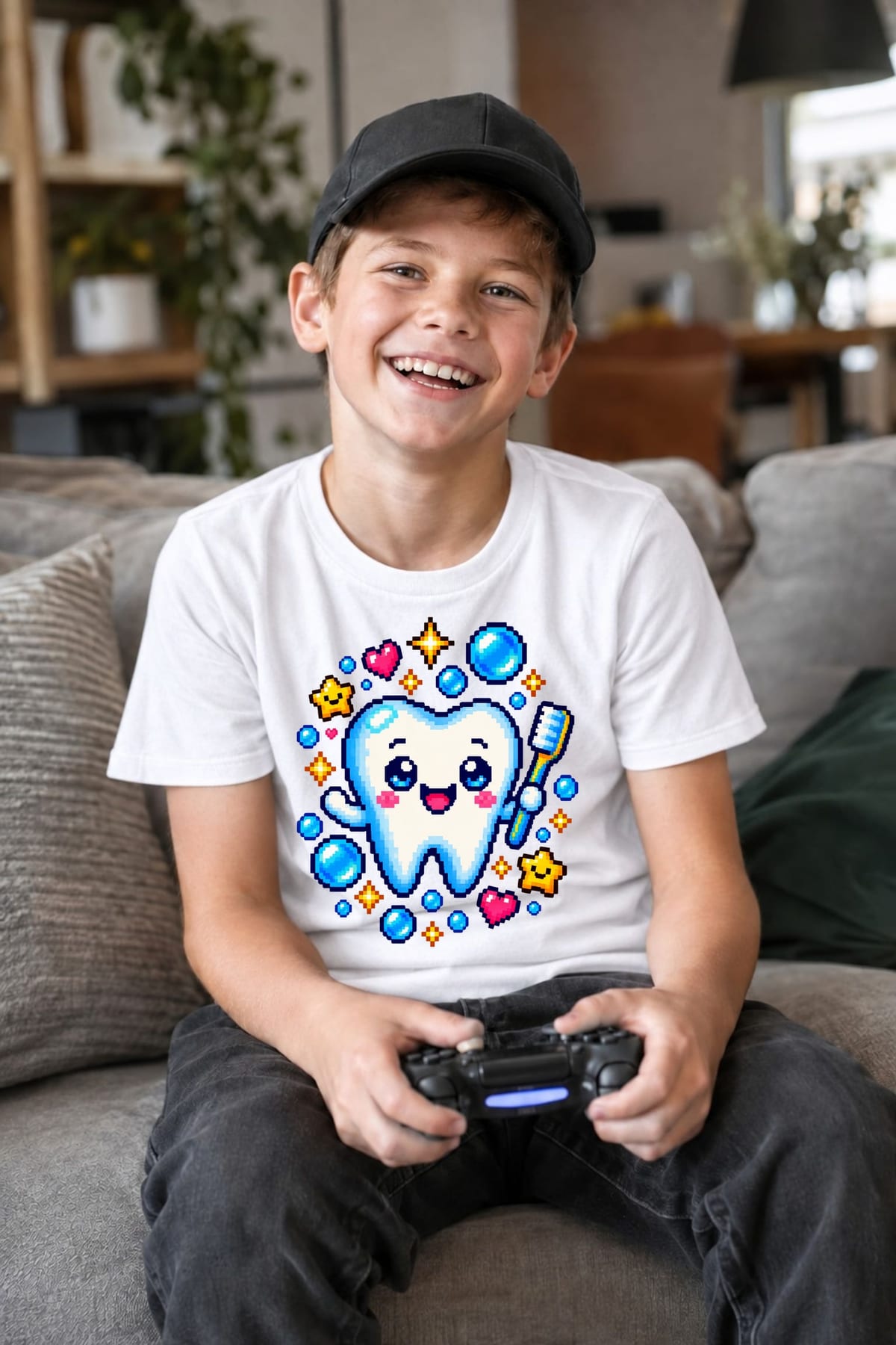 Koszulka z dentystą pixel art dla chłopca biała styl gier, zdjęcie 6
