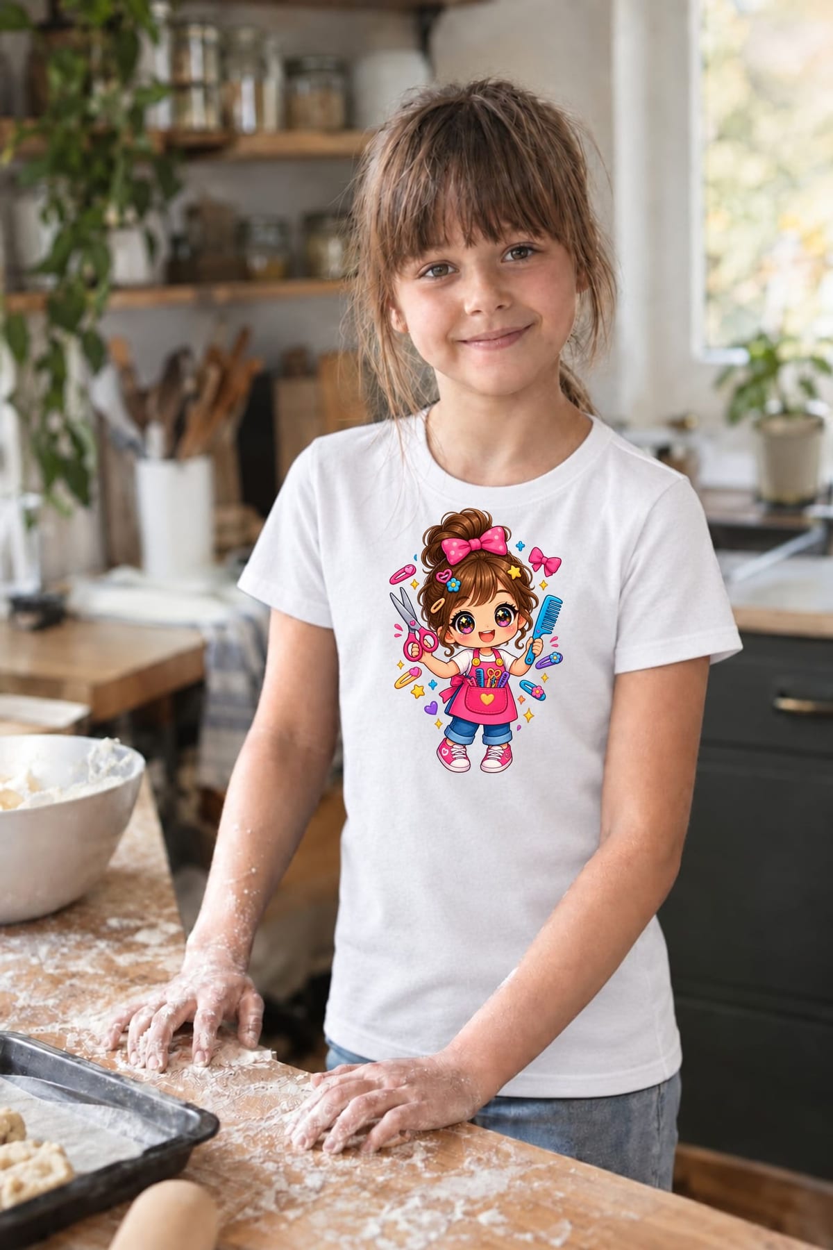 Koszulka z fryzjerem dla dziewczynki biała słodki styl kawaii, zdjęcie 3