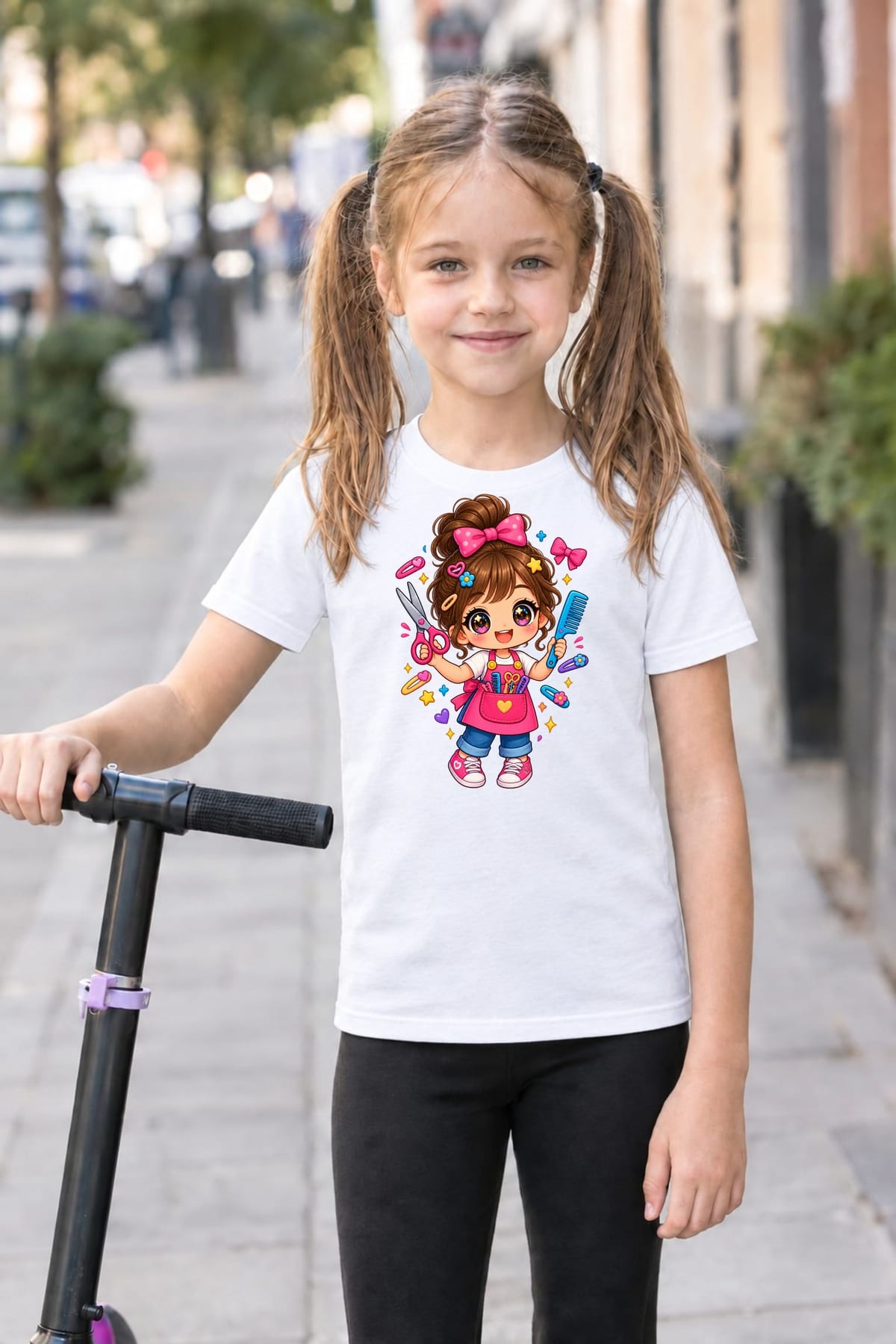 Koszulka z fryzjerem dla dziewczynki biała słodki styl kawaii, zdjęcie 6