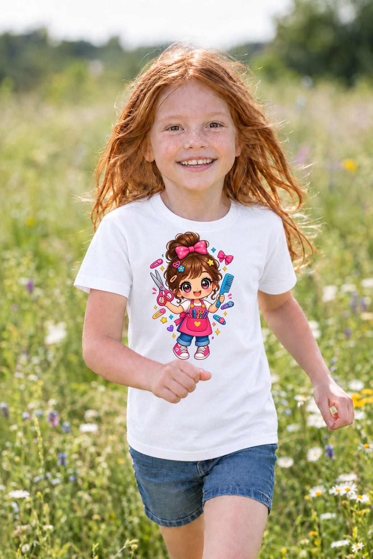 Koszulka z fryzjerem dla dziewczynki biała słodki styl kawaii, zdjęcie 8