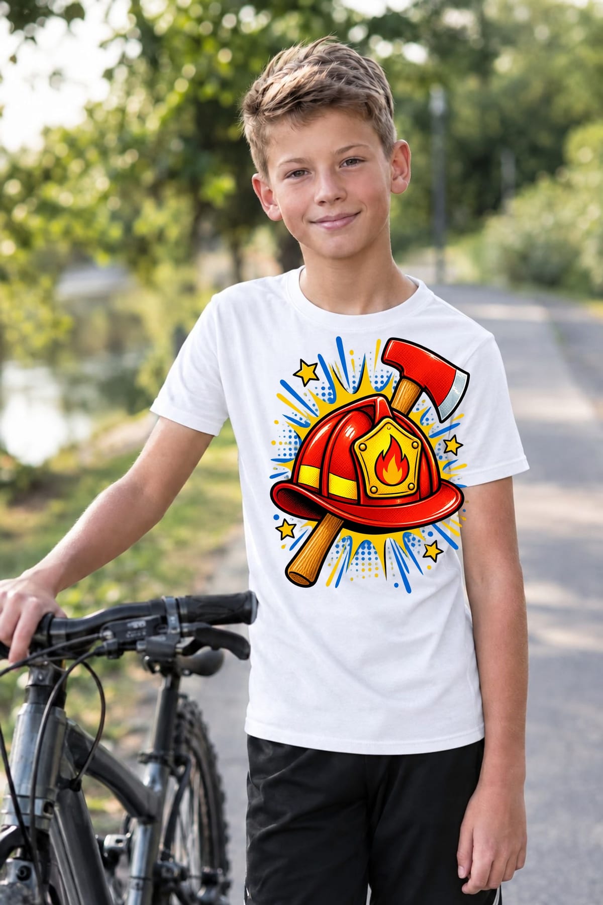 Koszulka z hełmem strażackim dla chłopca biała komiksowa dynamika, zdjęcie 7