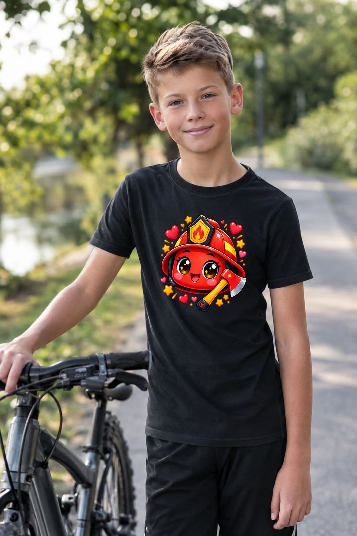Koszulka z hełmem strażackim dla chłopca czarna słodki kawaii, zdjęcie 5