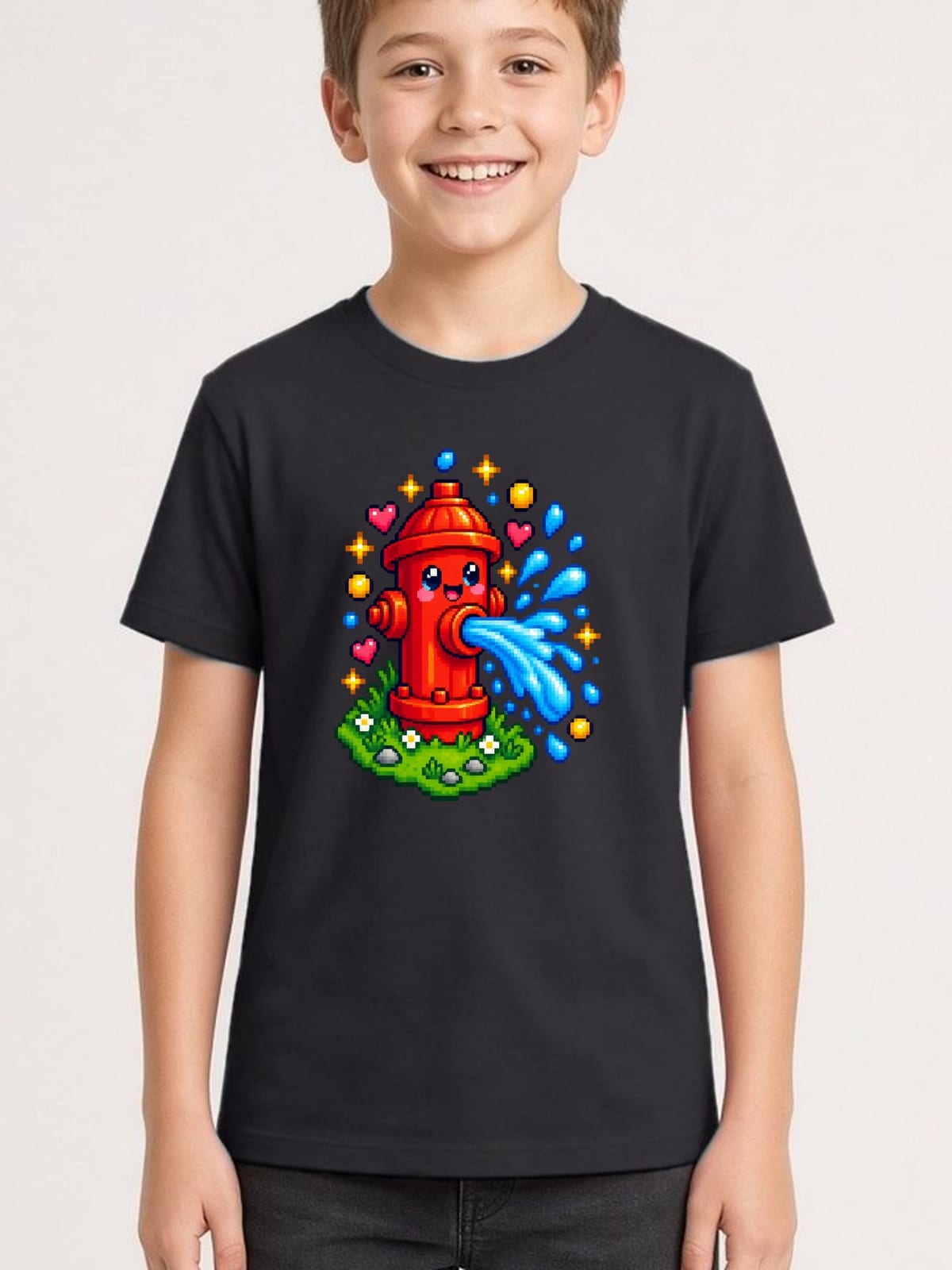 Koszulka z hydrantem pixel art dla chłopca czarna w stylu gry, zdjęcie 1