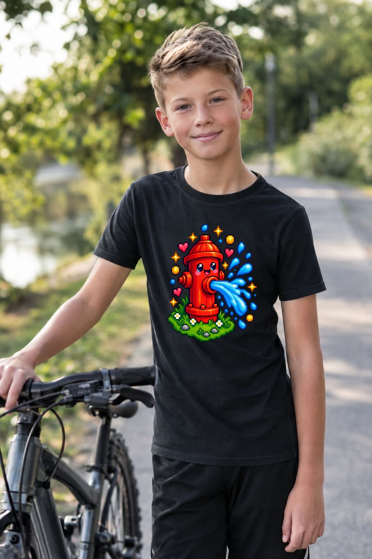 Koszulka z hydrantem pixel art dla chłopca czarna w stylu gry, zdjęcie 4