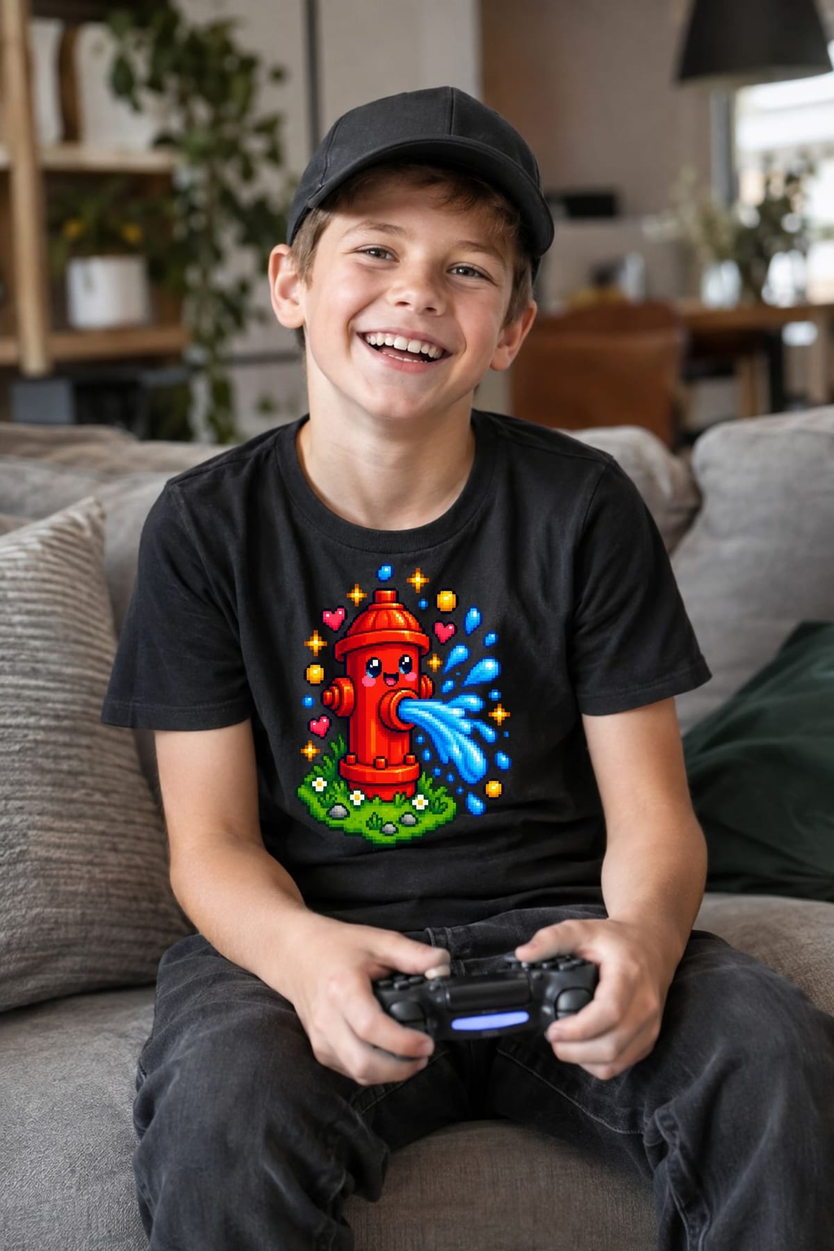 Koszulka z hydrantem pixel art dla chłopca czarna w stylu gry, zdjęcie 5