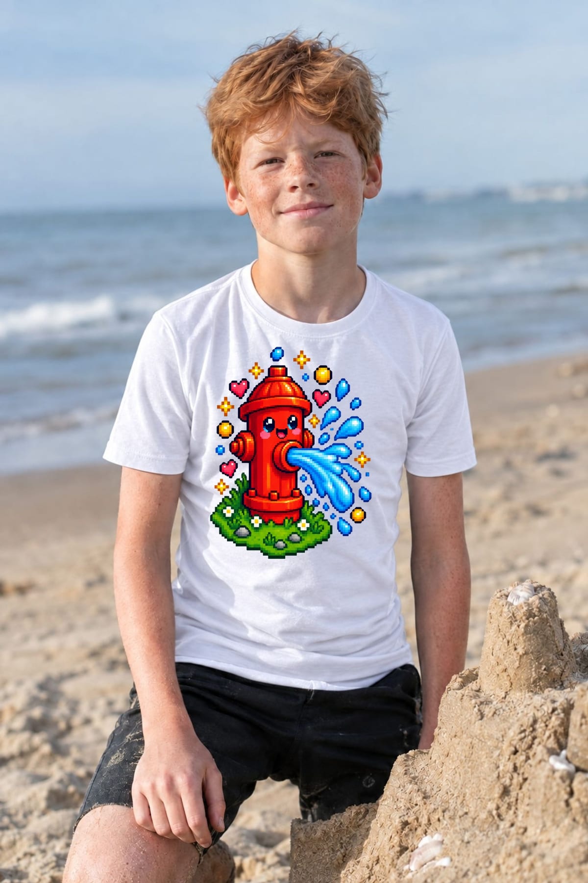 Koszulka z hydrantem pixel art dla chłopca biała w stylu gry, zdjęcie 4