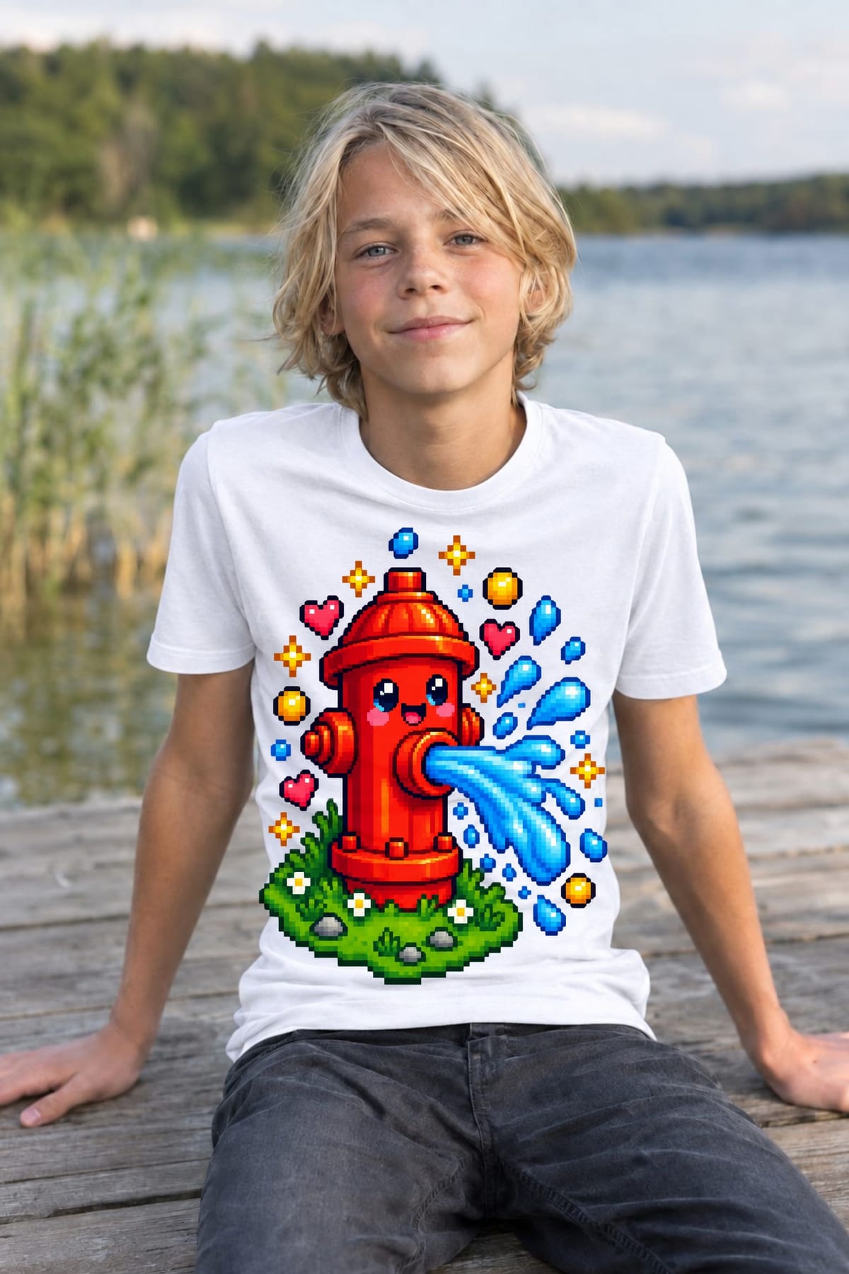 Koszulka z hydrantem pixel art dla chłopca biała w stylu gry, zdjęcie 5