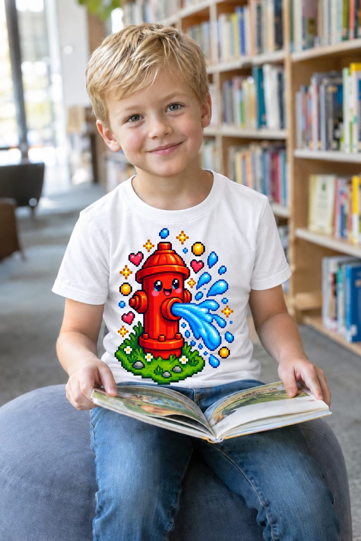 Koszulka z hydrantem pixel art dla chłopca biała w stylu gry, zdjęcie 7