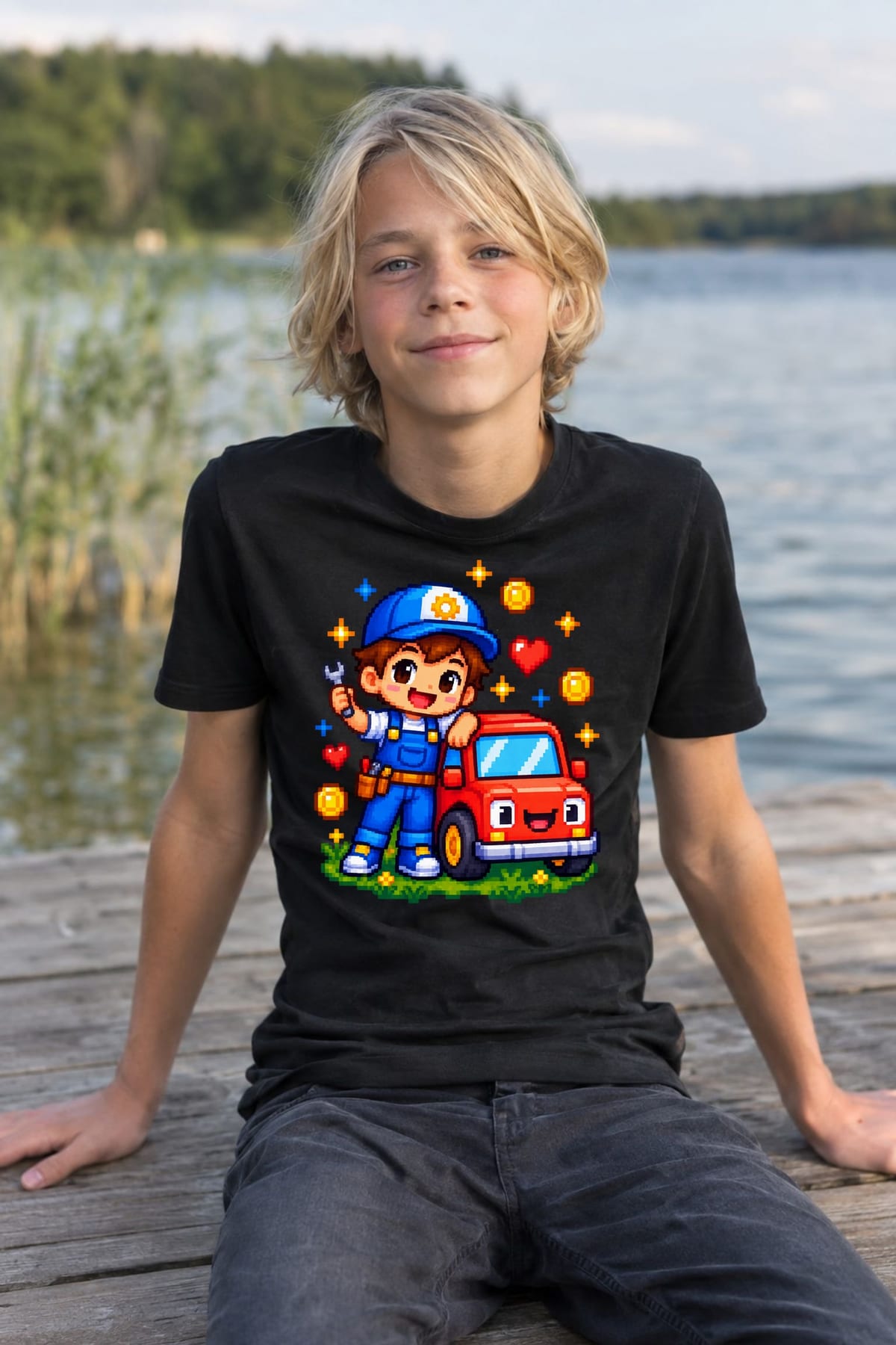 Koszulka z mechanikiem pixel art dla chłopca czarna styl pixel art, zdjęcie 3