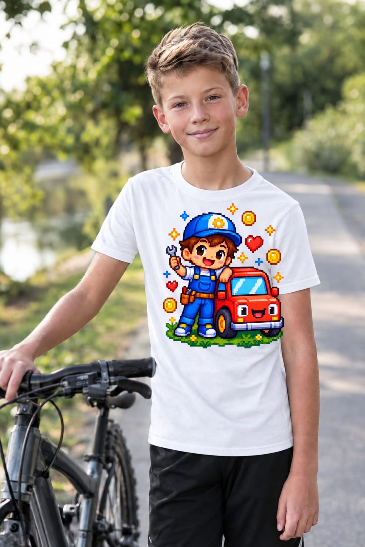 Koszulka z mechanikiem pixel art dla chłopca biała styl pixel art, zdjęcie 3