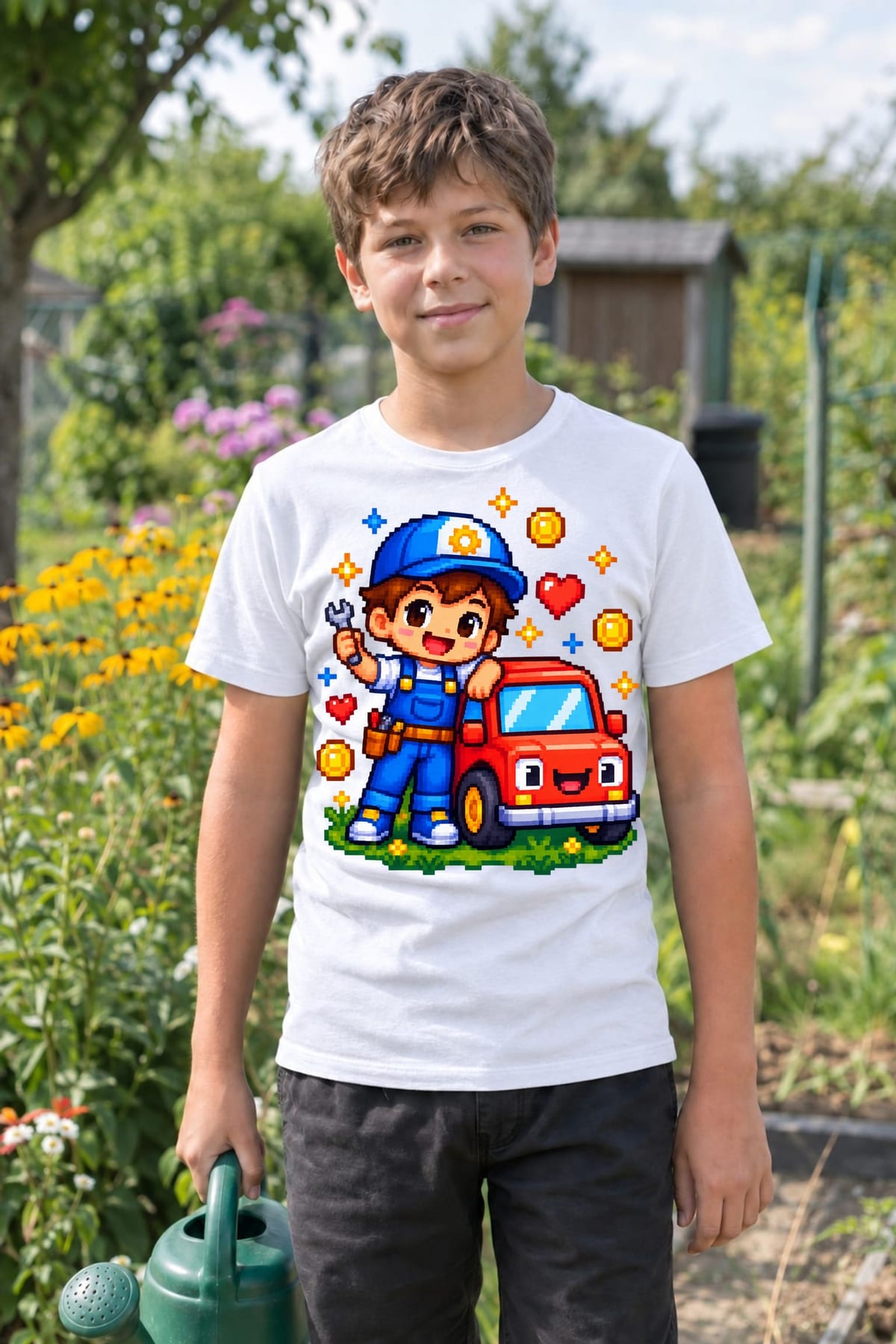 Koszulka z mechanikiem pixel art dla chłopca biała styl pixel art, zdjęcie 4