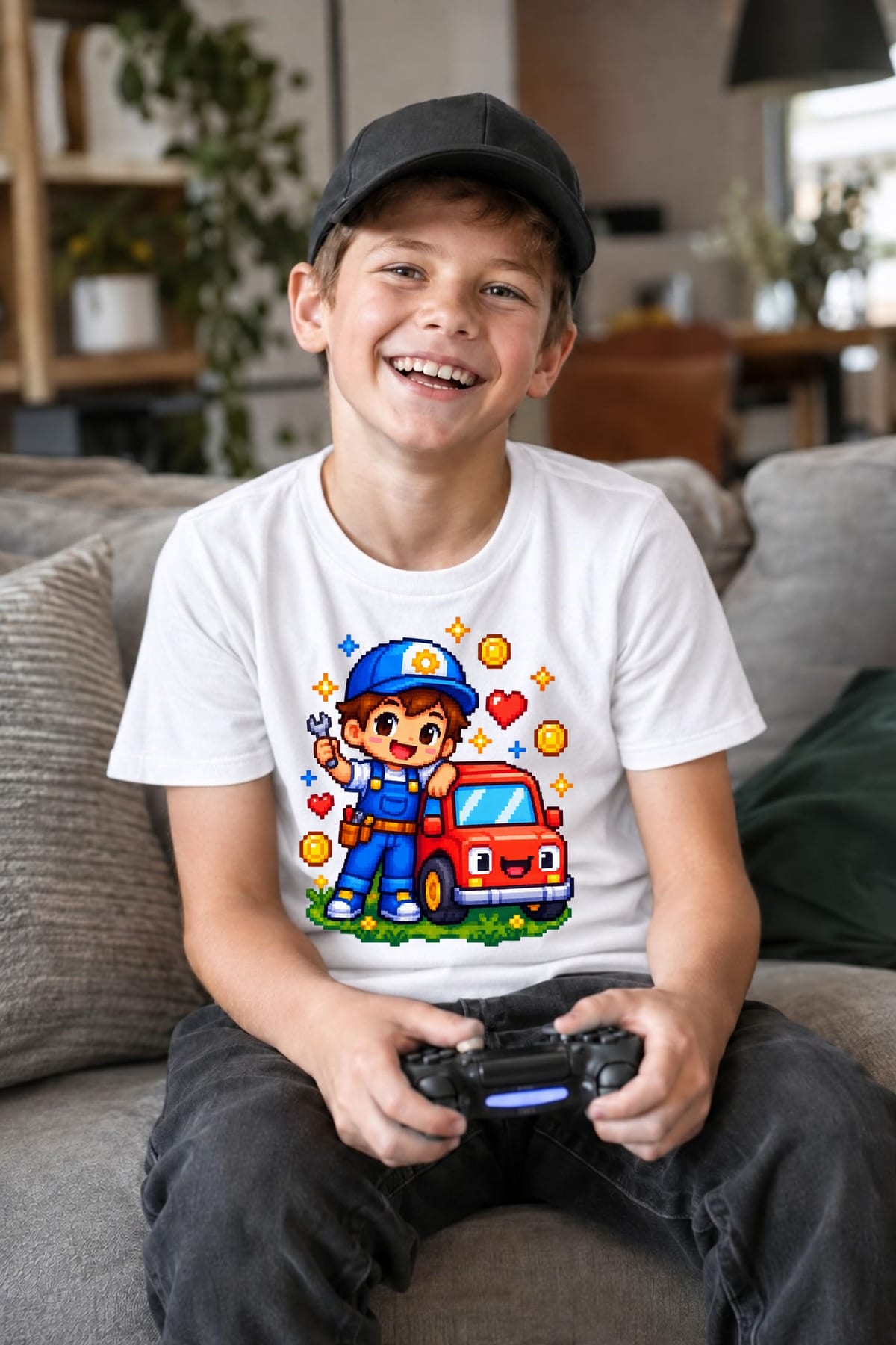 Koszulka z mechanikiem pixel art dla chłopca biała styl pixel art, zdjęcie 5