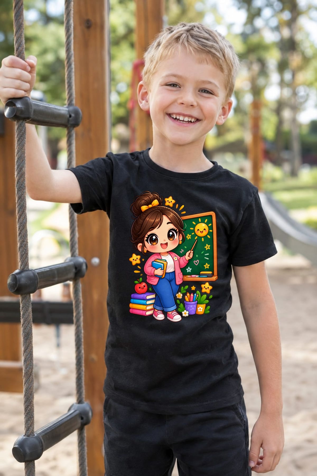 Koszulka z nauczycielem dla chłopca czarna słodki styl kawaii, zdjęcie 5