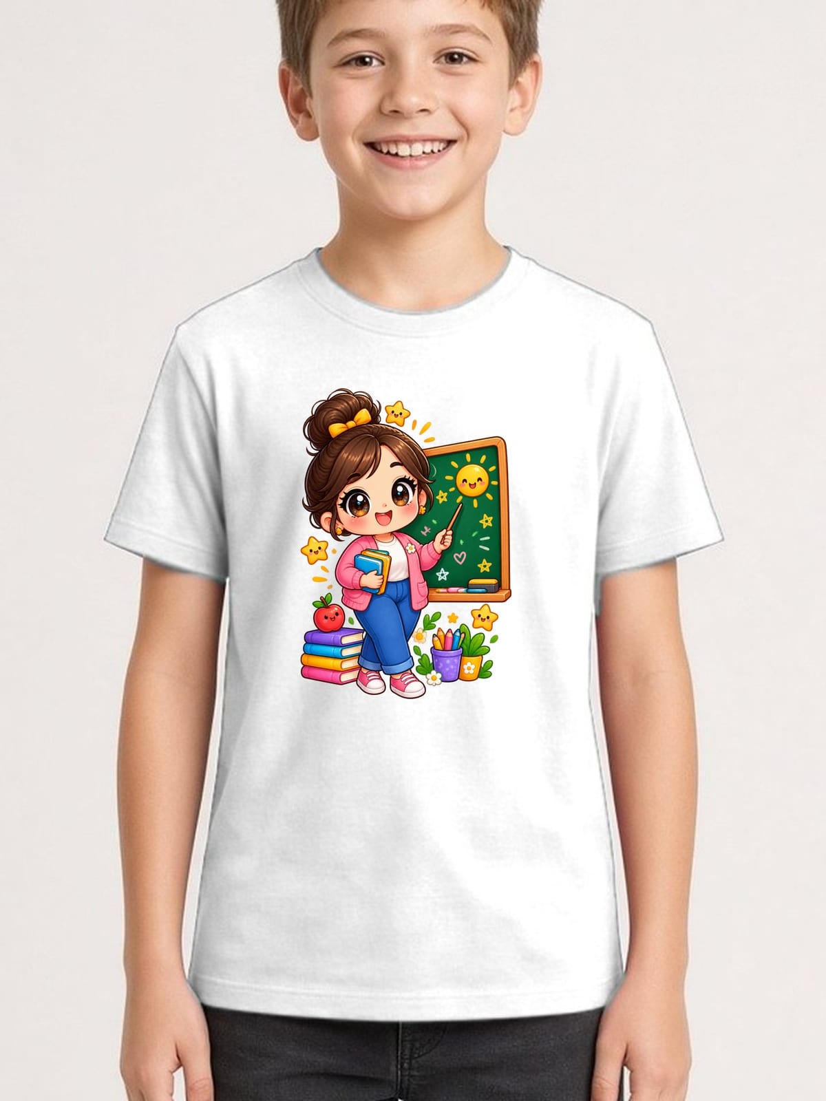 Koszulka z nauczycielem dla chłopca biała słodki styl kawaii, zdjęcie 1