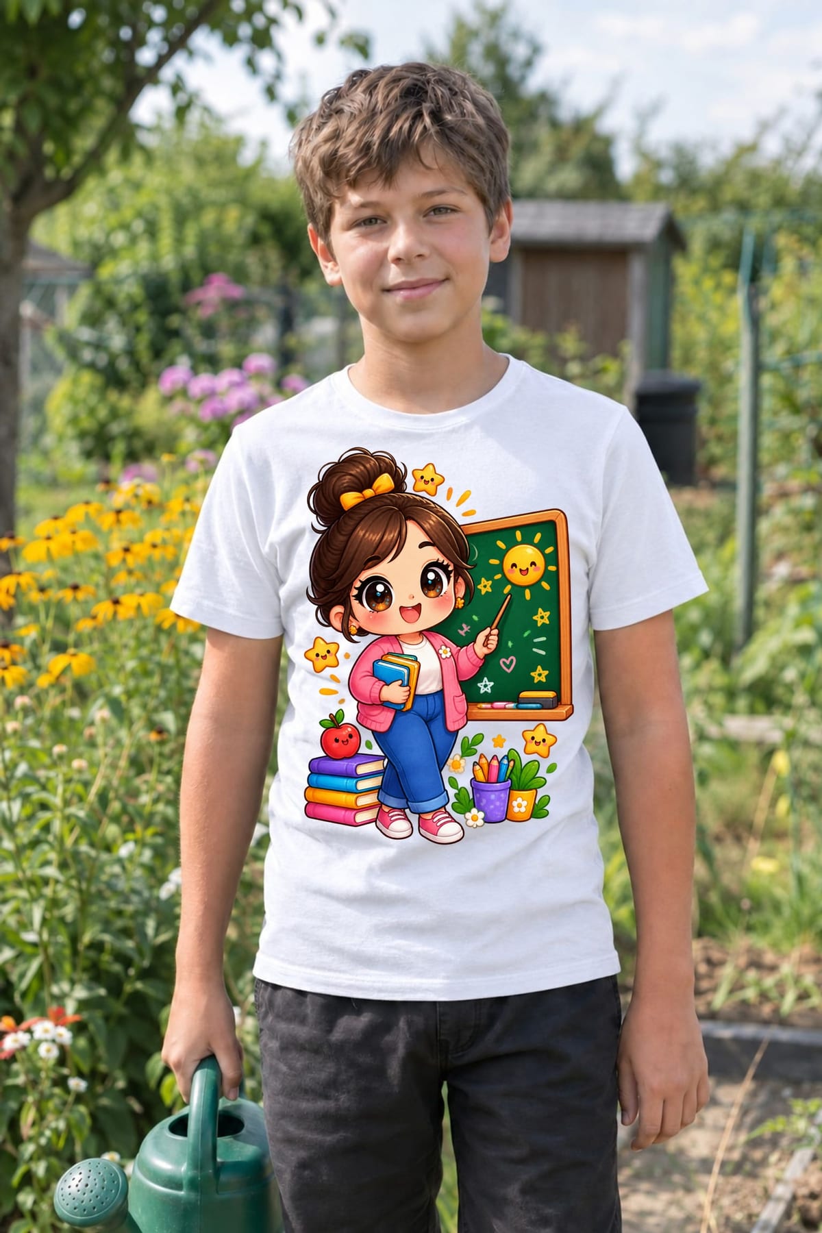 Koszulka z nauczycielem dla chłopca biała słodki styl kawaii, zdjęcie 3