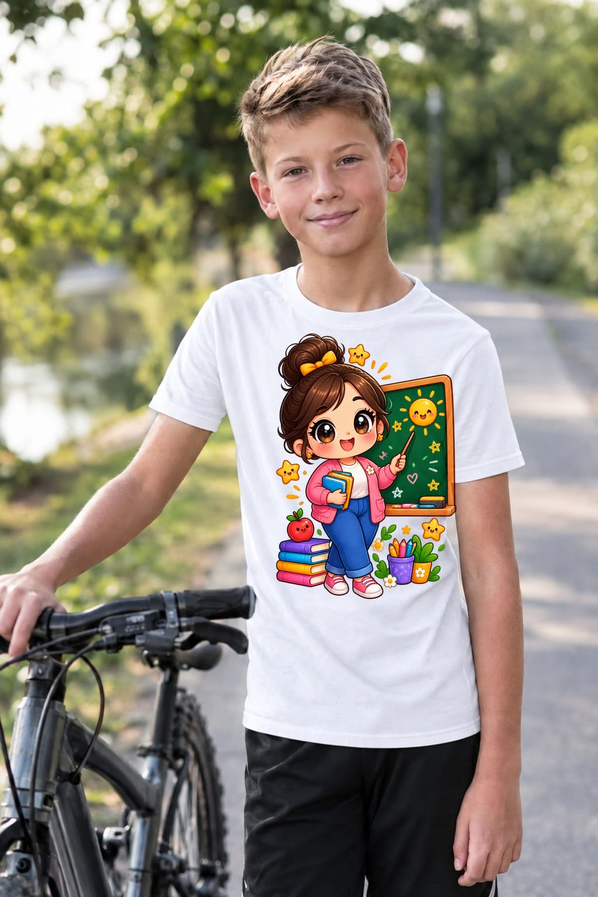 Koszulka z nauczycielem dla chłopca biała słodki styl kawaii, zdjęcie 5
