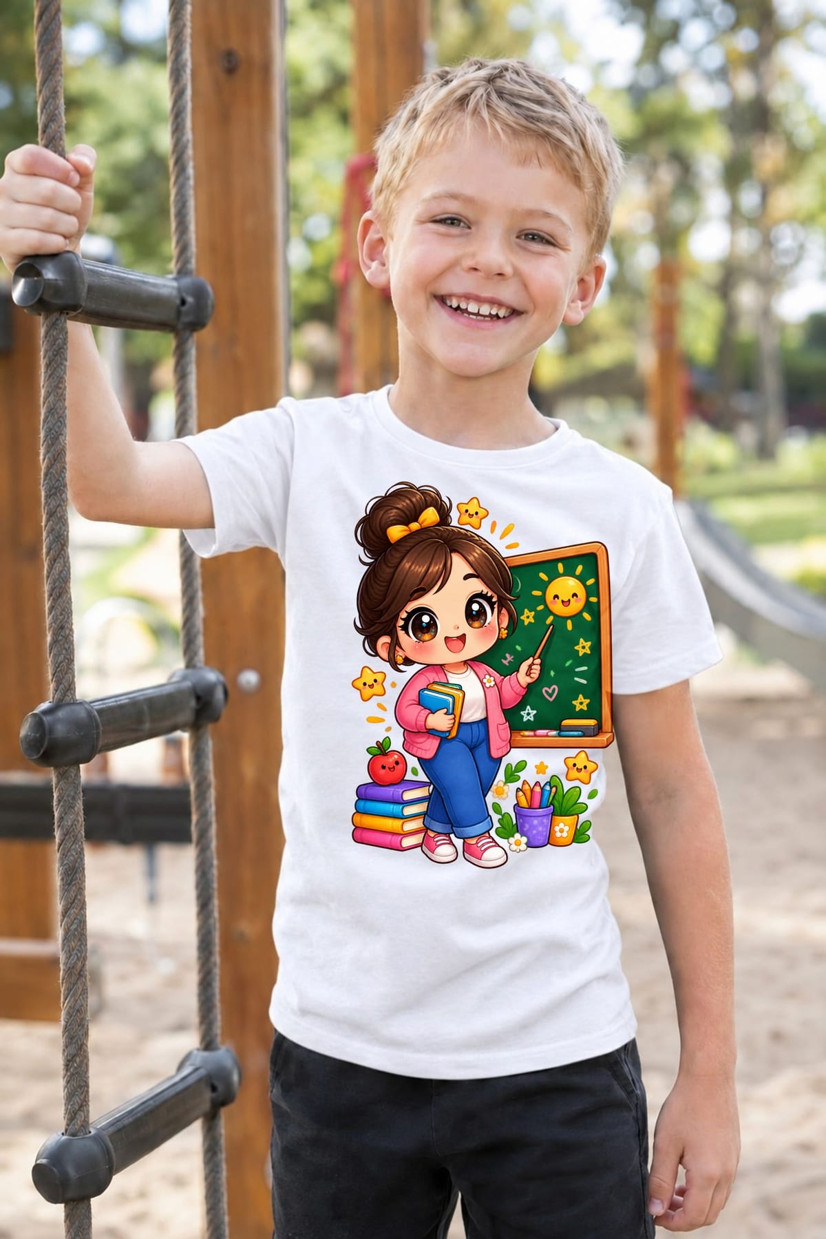 Koszulka z nauczycielem dla chłopca biała słodki styl kawaii, zdjęcie 8