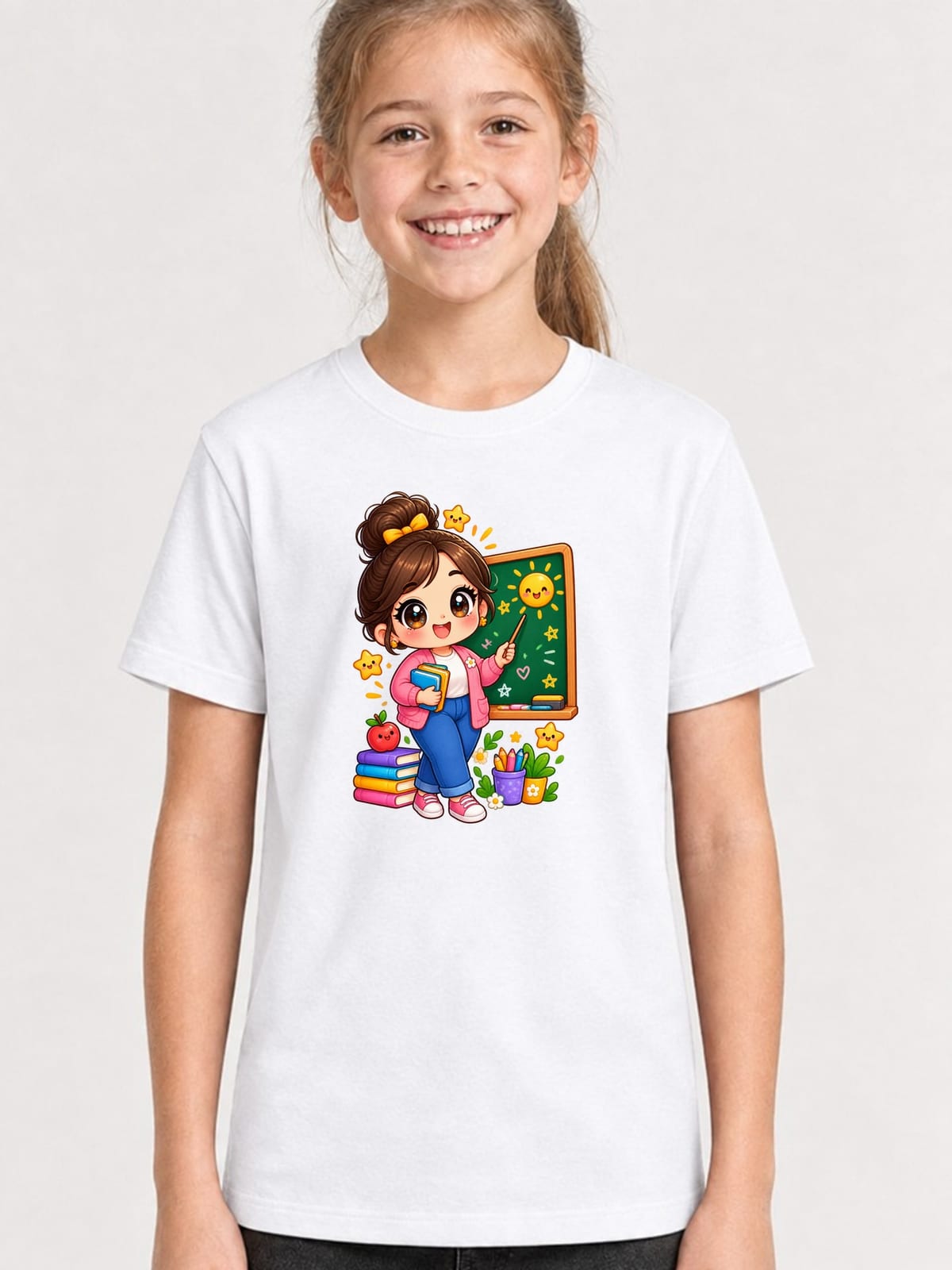 Koszulka z nauczycielem dla dziewczynki biała słodki kawaii, zdjęcie 1