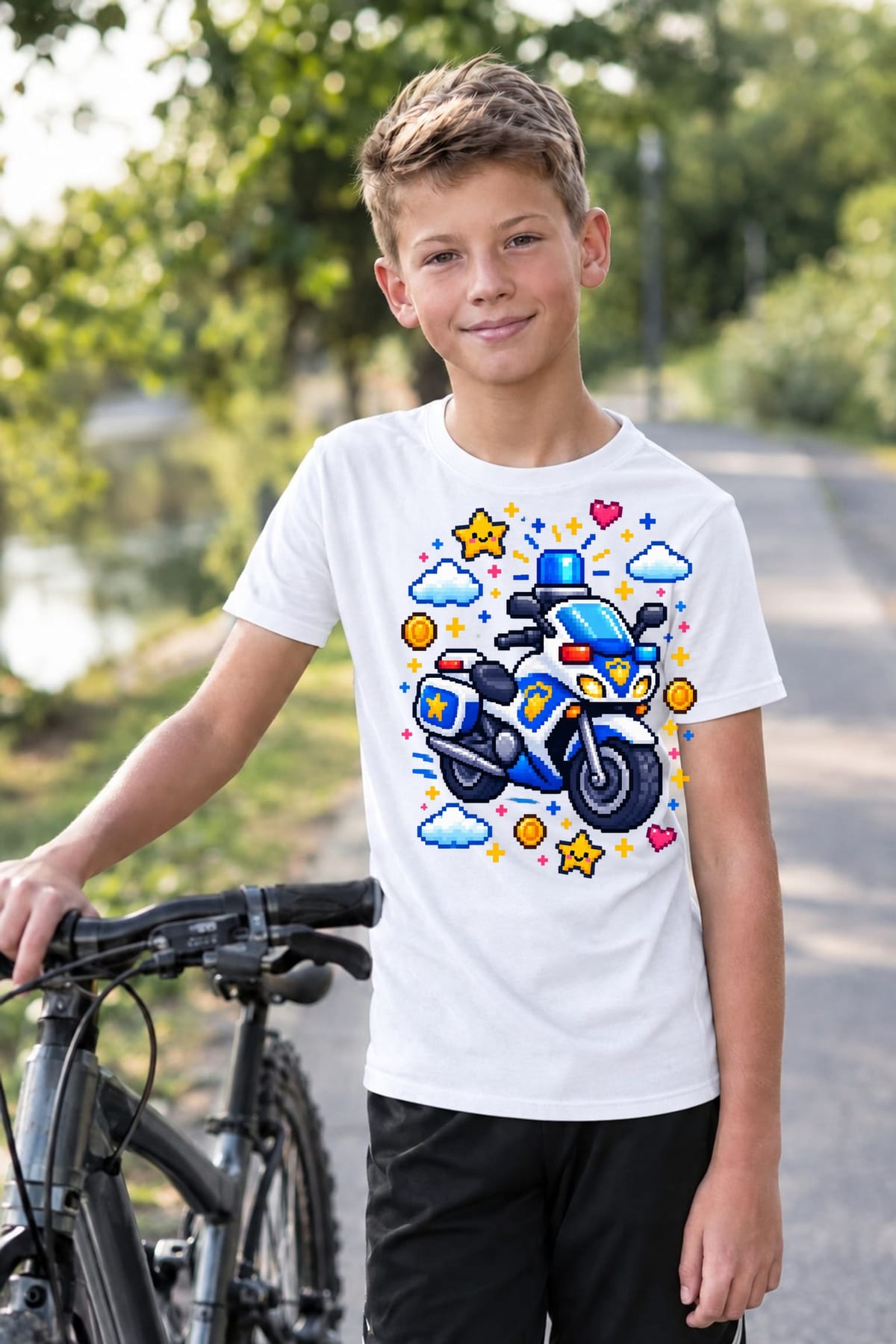 Koszulka z motocyklem policyjnym pixel dla chłopca biała styl gier, zdjęcie 6