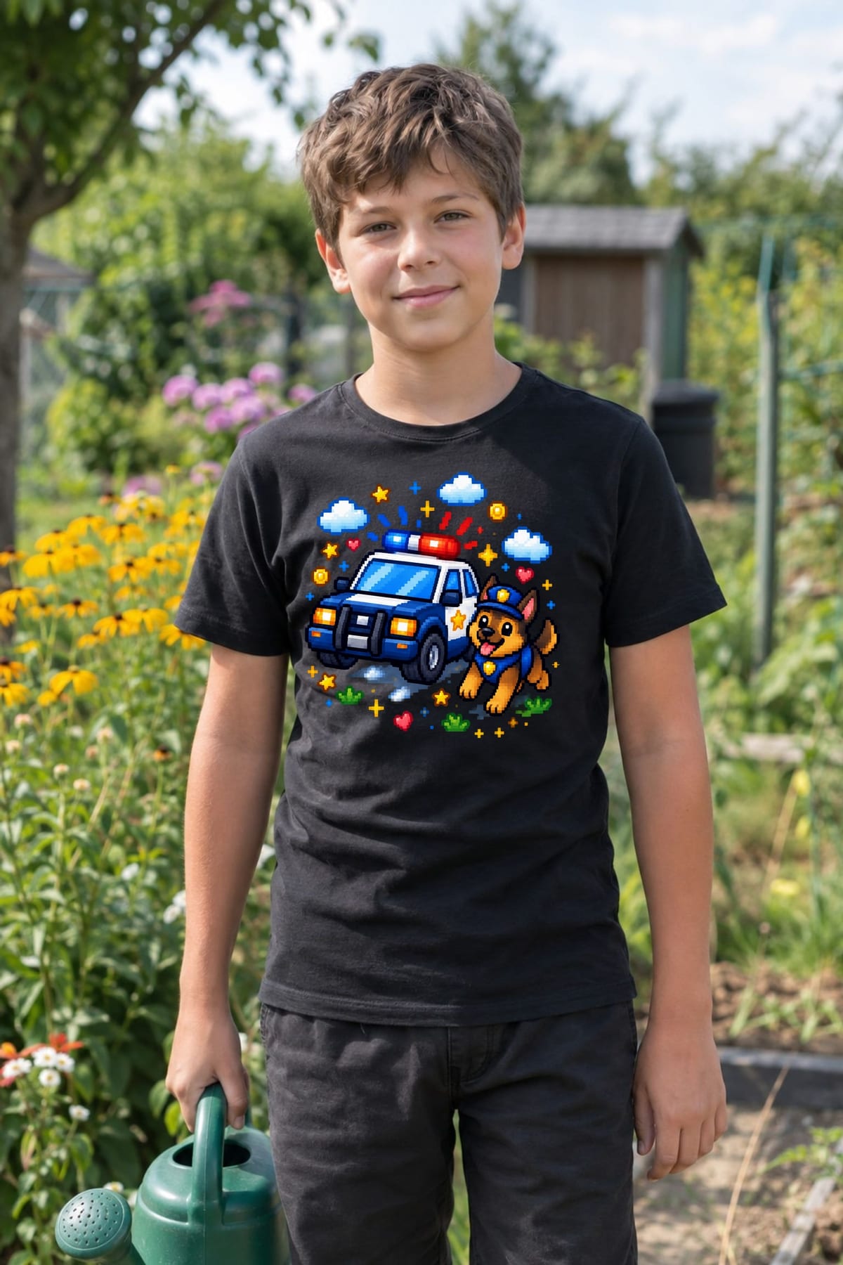 Koszulka z psem policyjnym dla chłopca czarna styl pixel art, zdjęcie 3