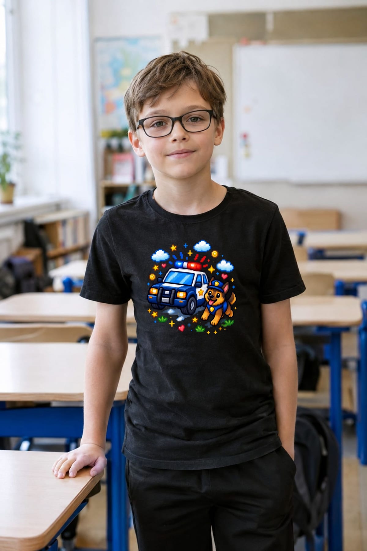 Koszulka z psem policyjnym dla chłopca czarna styl pixel art, zdjęcie 6