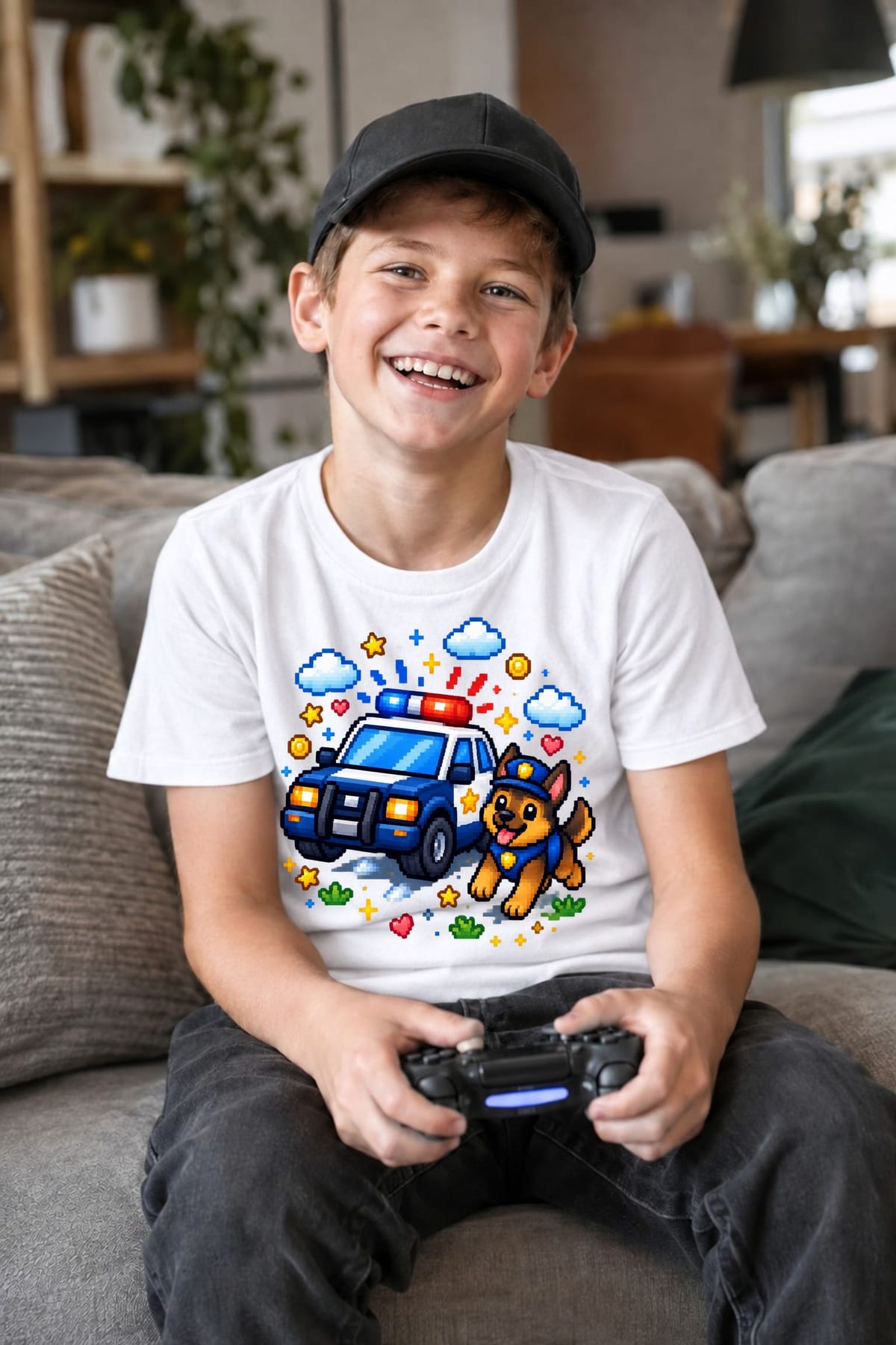 Koszulka z psem policyjnym dla chłopca biała styl pixel art, zdjęcie 7
