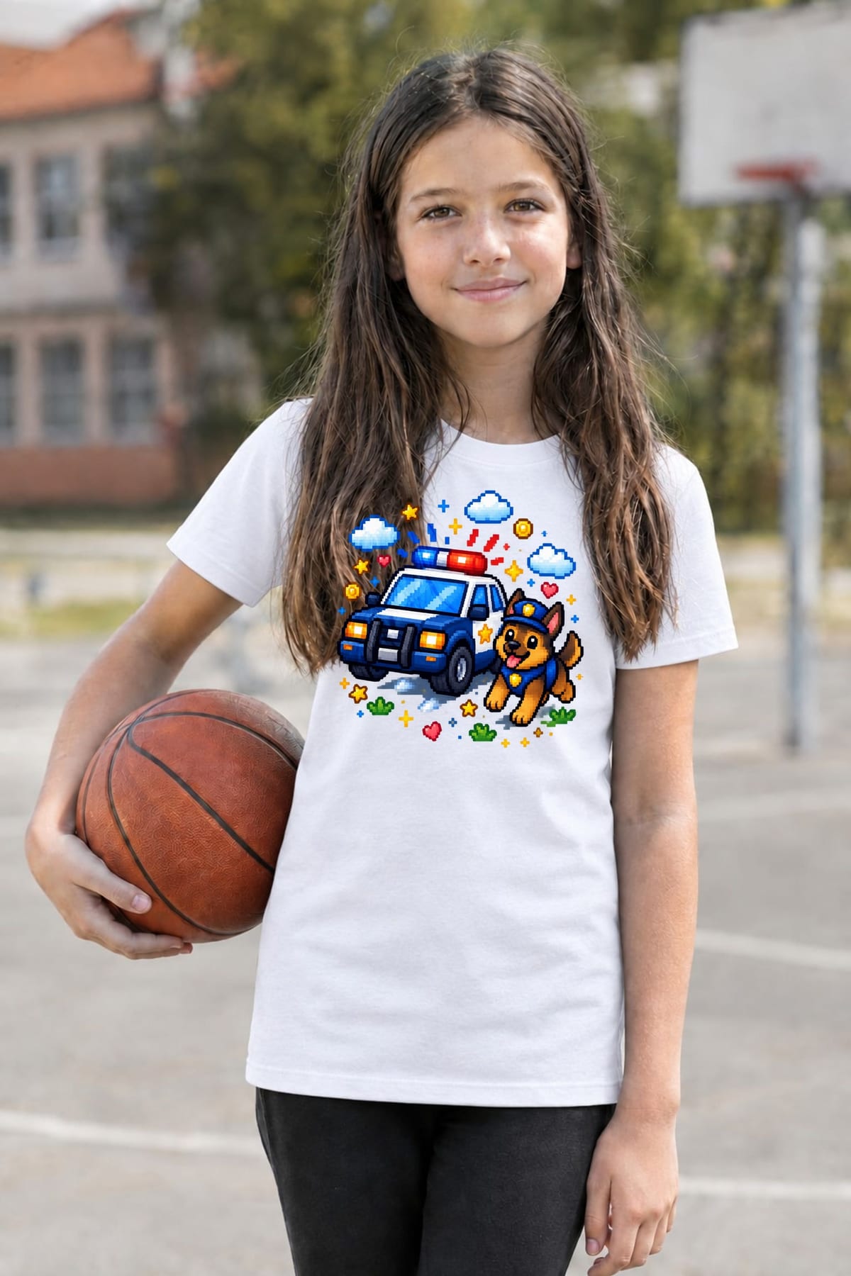 Koszulka z psem policyjnym dla dziewczynki biała pixel art, zdjęcie 3