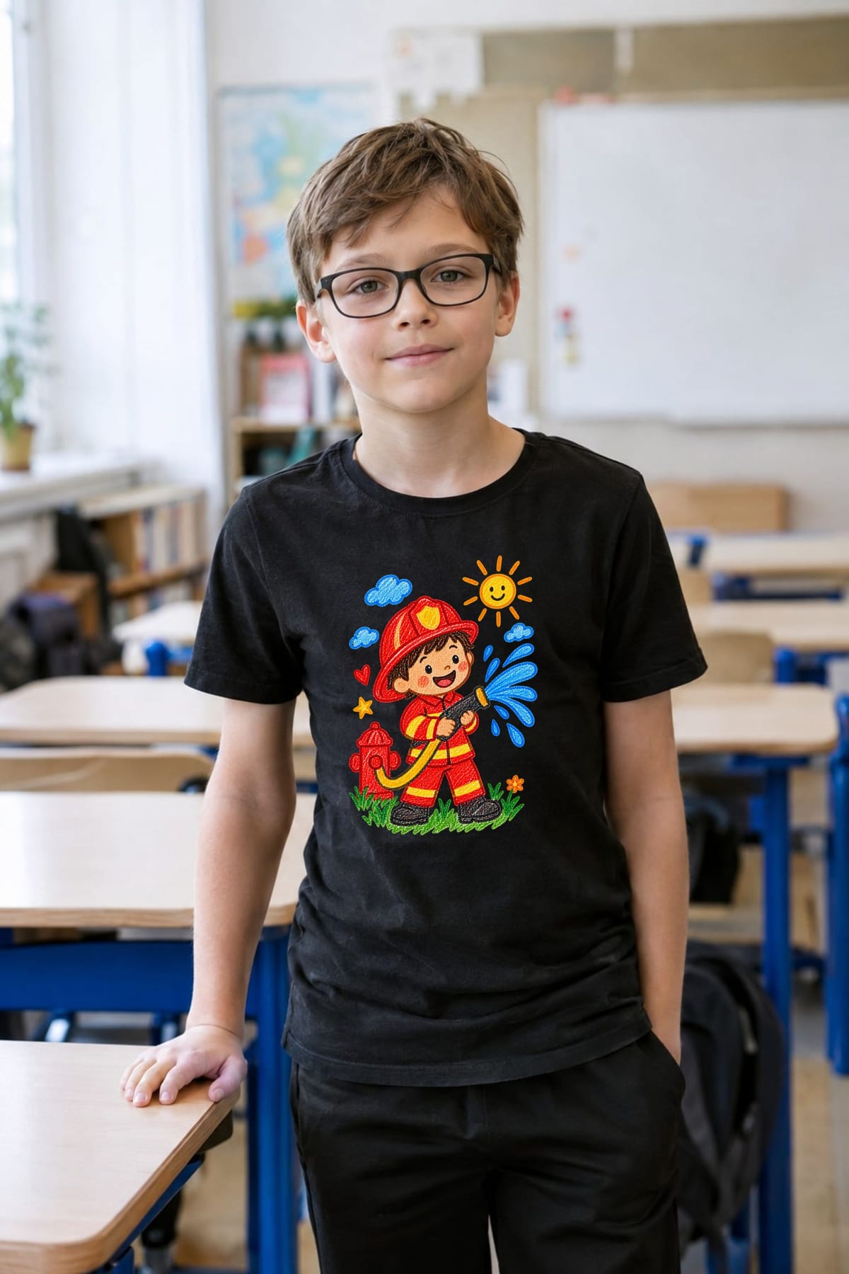 Koszulka ze strażakiem dziecięca dla chłopca czarna rysunek kredkami, zdjęcie 4