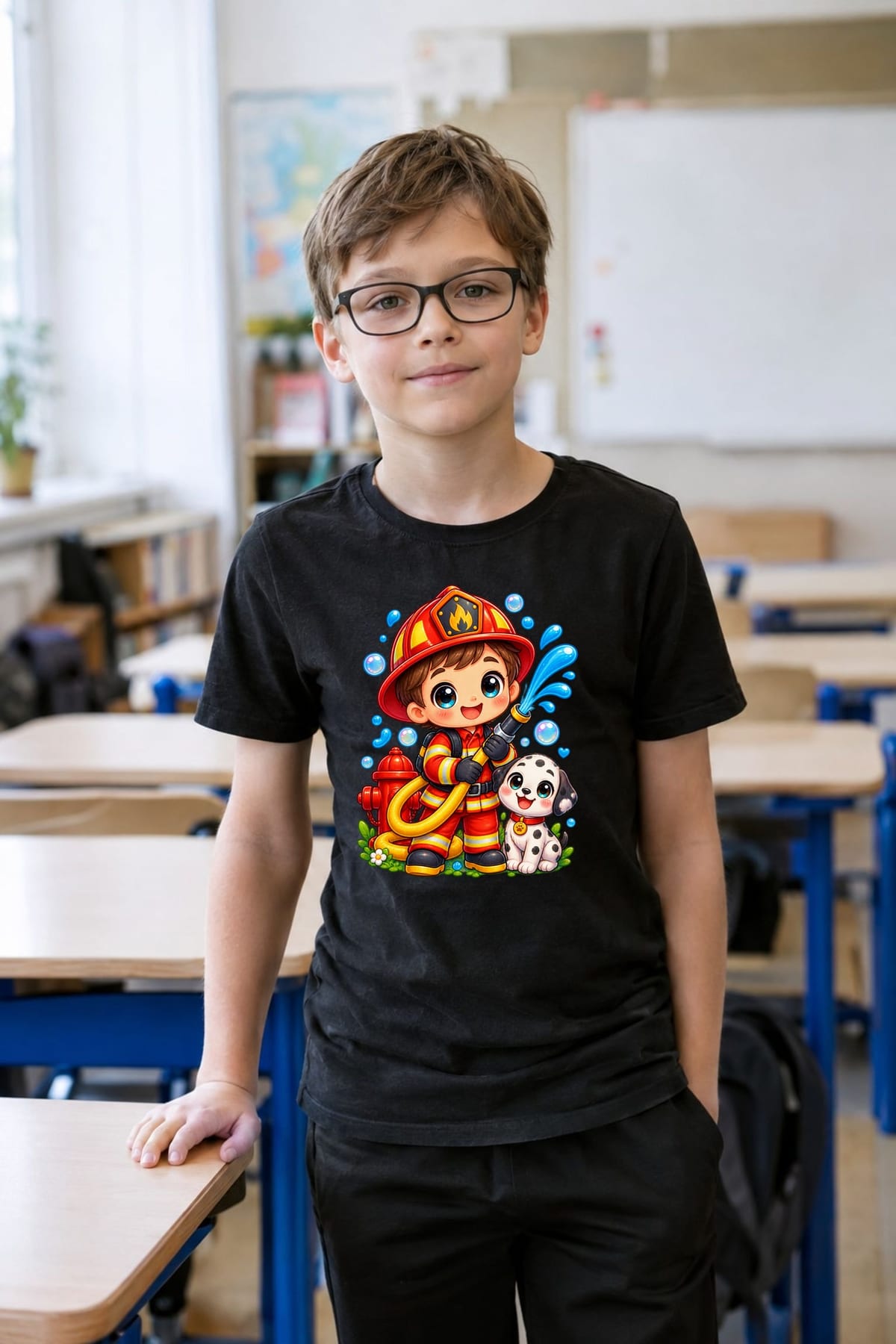 Koszulka ze strażakiem dla chłopca czarna słodki styl kawaii, zdjęcie 6