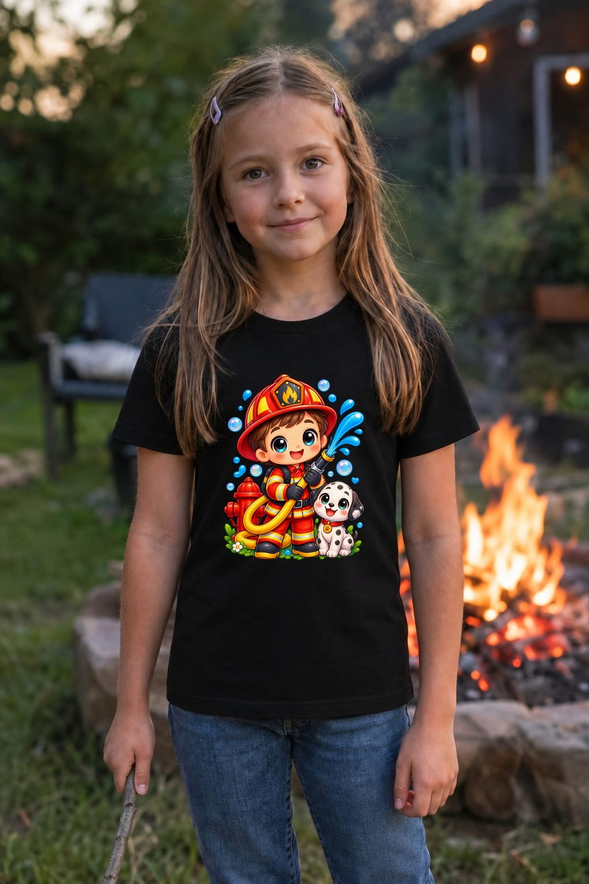 Koszulka ze strażakiem dla dziewczynki czarna słodki kawaii, zdjęcie 4