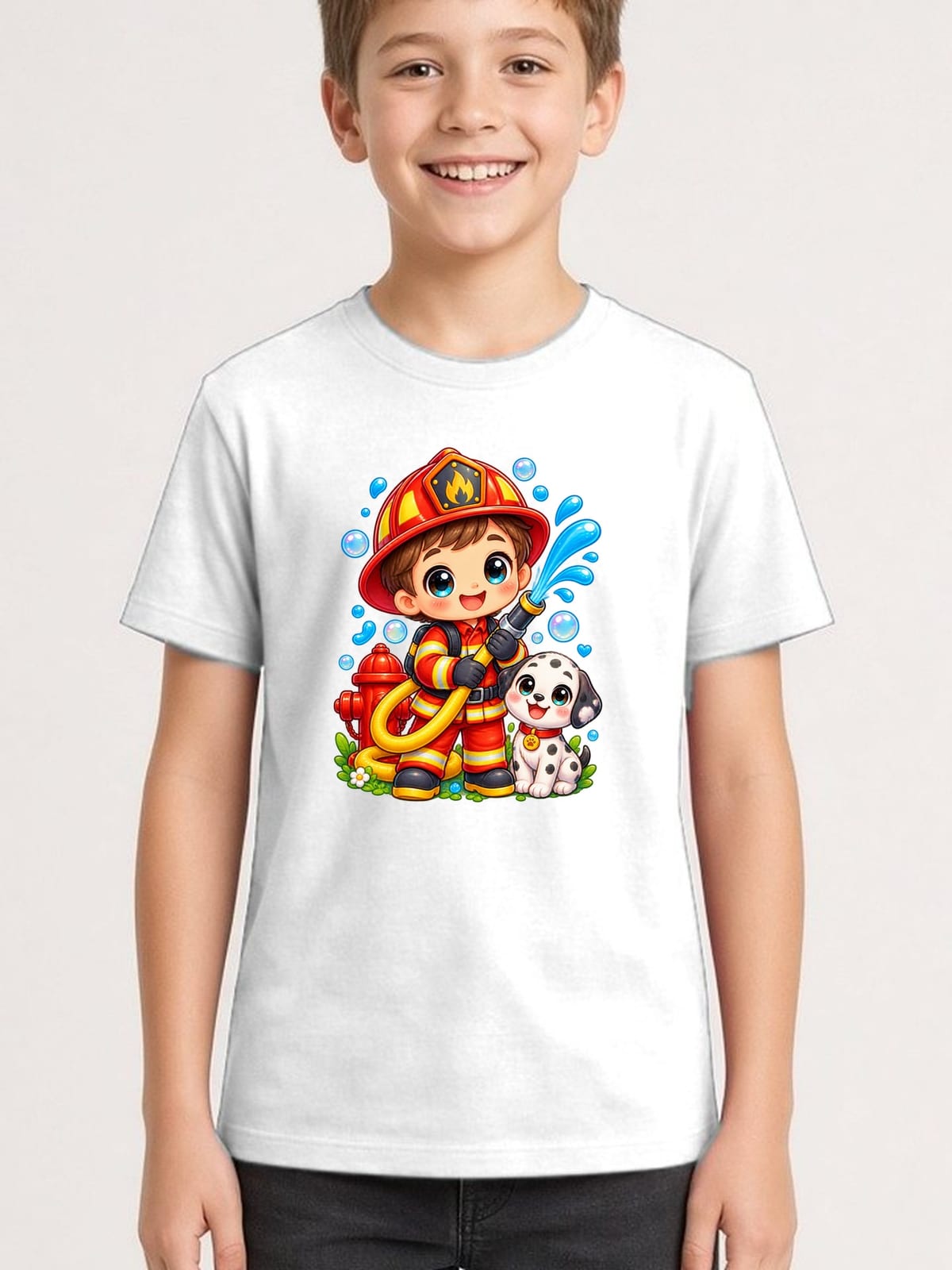 Koszulka ze strażakiem dla chłopca biała słodki styl kawaii, zdjęcie 1