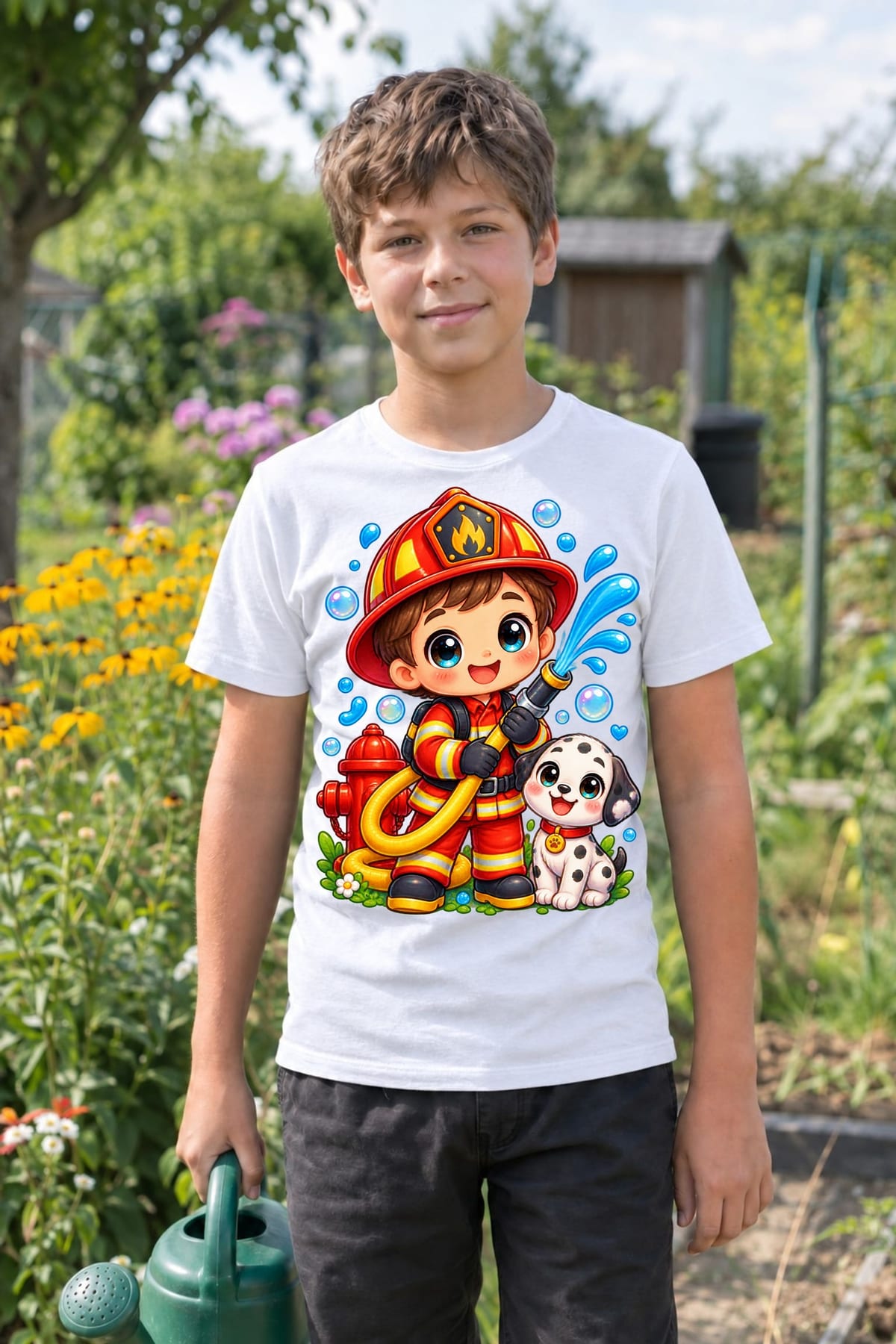 Koszulka ze strażakiem dla chłopca biała słodki styl kawaii, zdjęcie 5