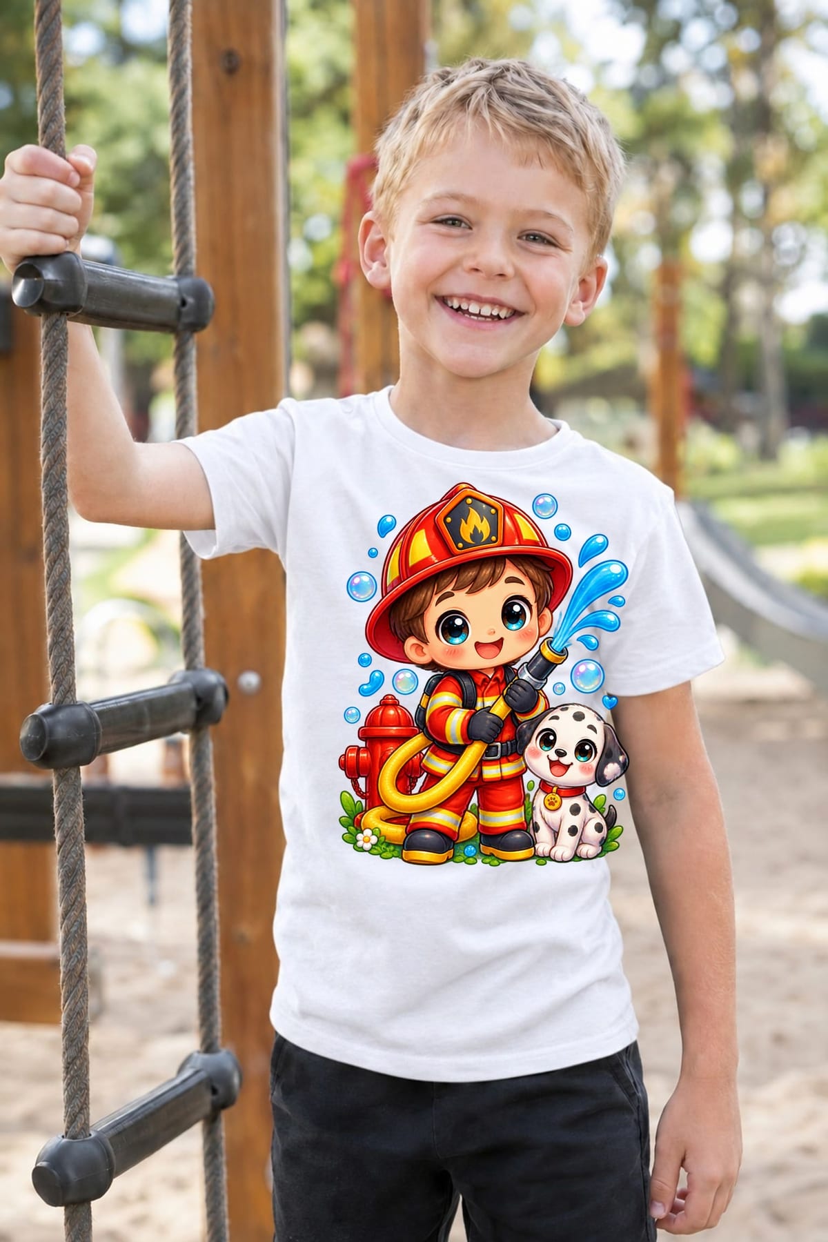 Koszulka ze strażakiem dla chłopca biała słodki styl kawaii, zdjęcie 6