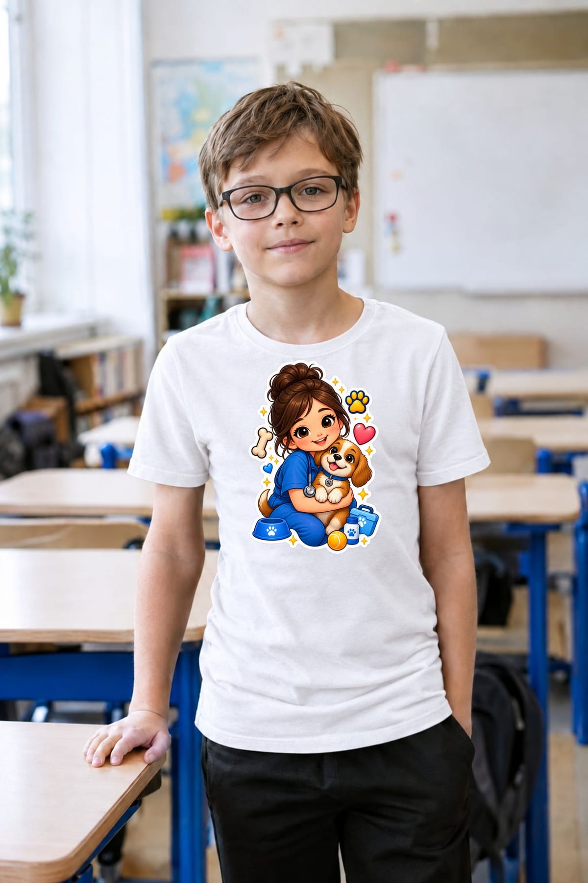 Koszulka z weterynarzem dla chłopca biała styl naklejkowy, zdjęcie 8