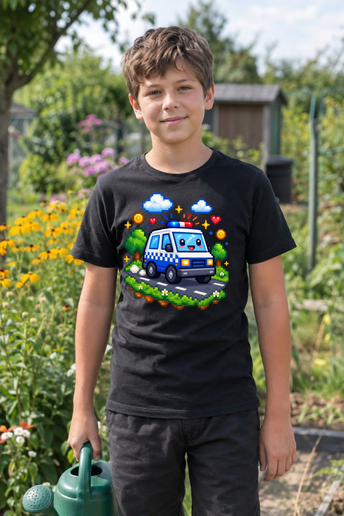 Koszulka z wozem policyjnym pixel art dla chłopca czarna, zdjęcie 6