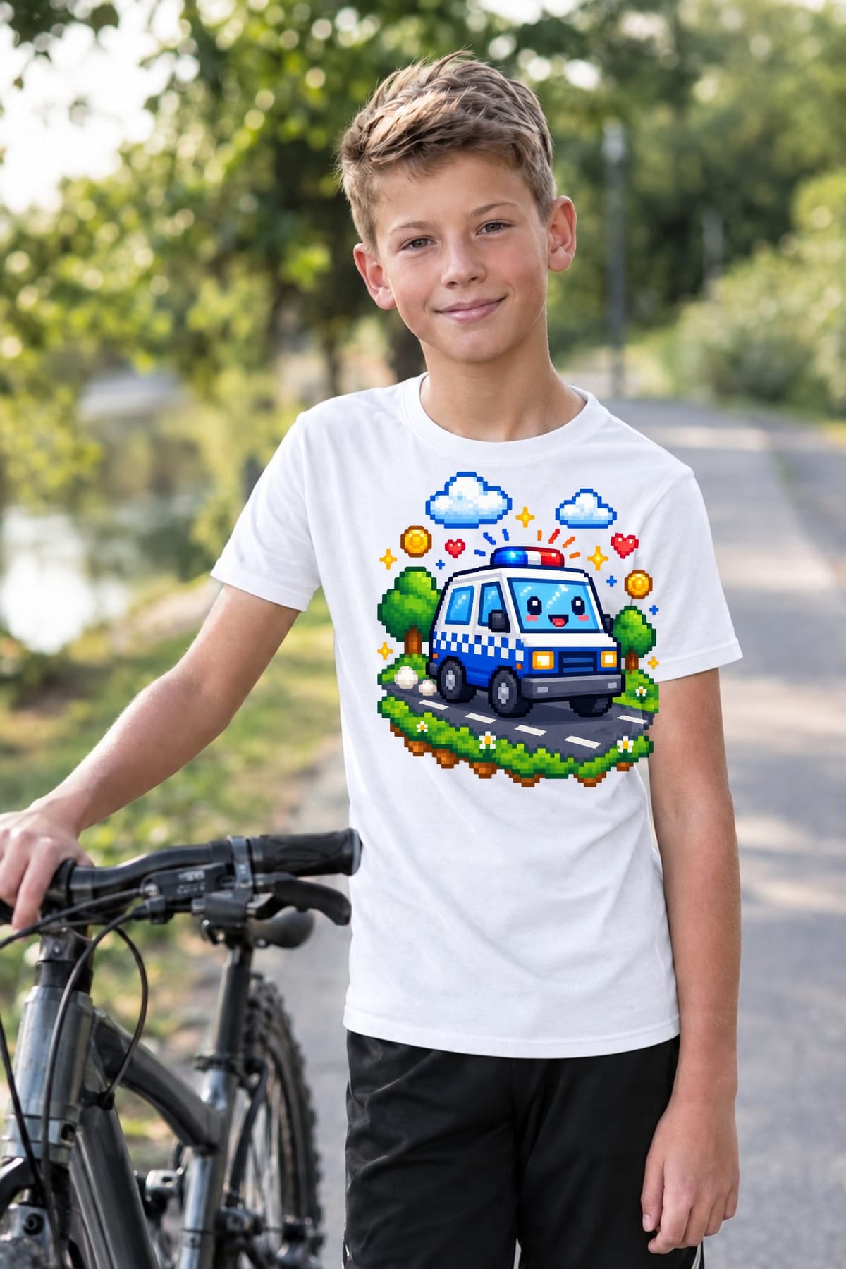 Koszulka z wozem policyjnym pixel art dla chłopca biała, zdjęcie 5