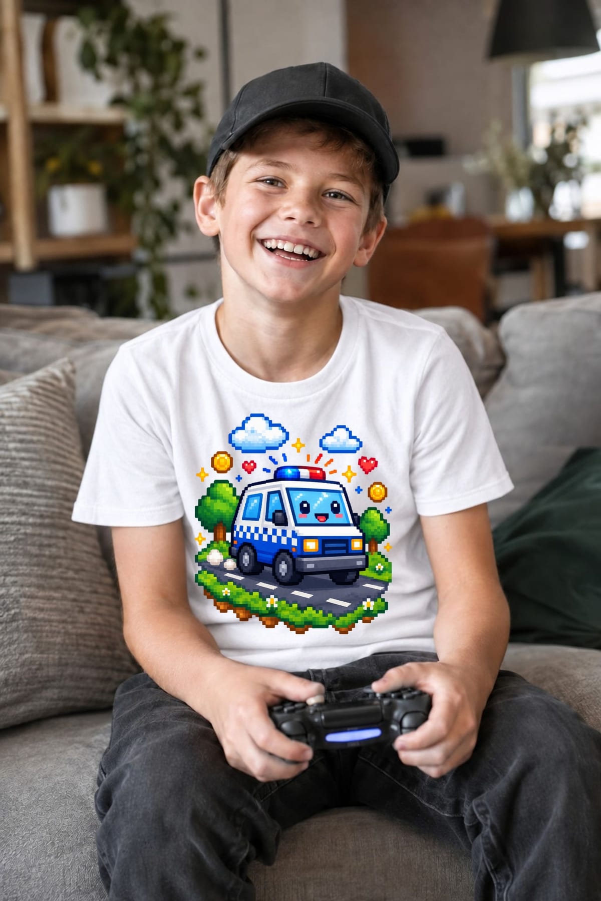 Koszulka z wozem policyjnym pixel art dla chłopca biała, zdjęcie 7