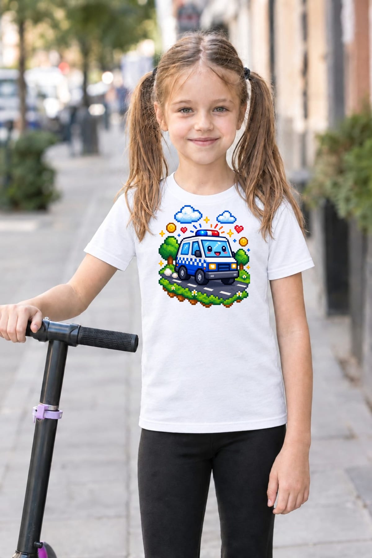 Koszulka z wozem policyjnym pixel art dla dziewczynki biała, zdjęcie 3